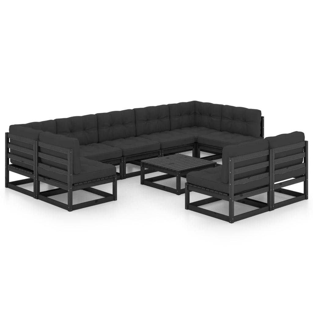 Helloshop26 - Salon de jardin meuble d'extérieur ensemble de mobilier 10 pièces avec coussins noir bois de pin massif - Image 1