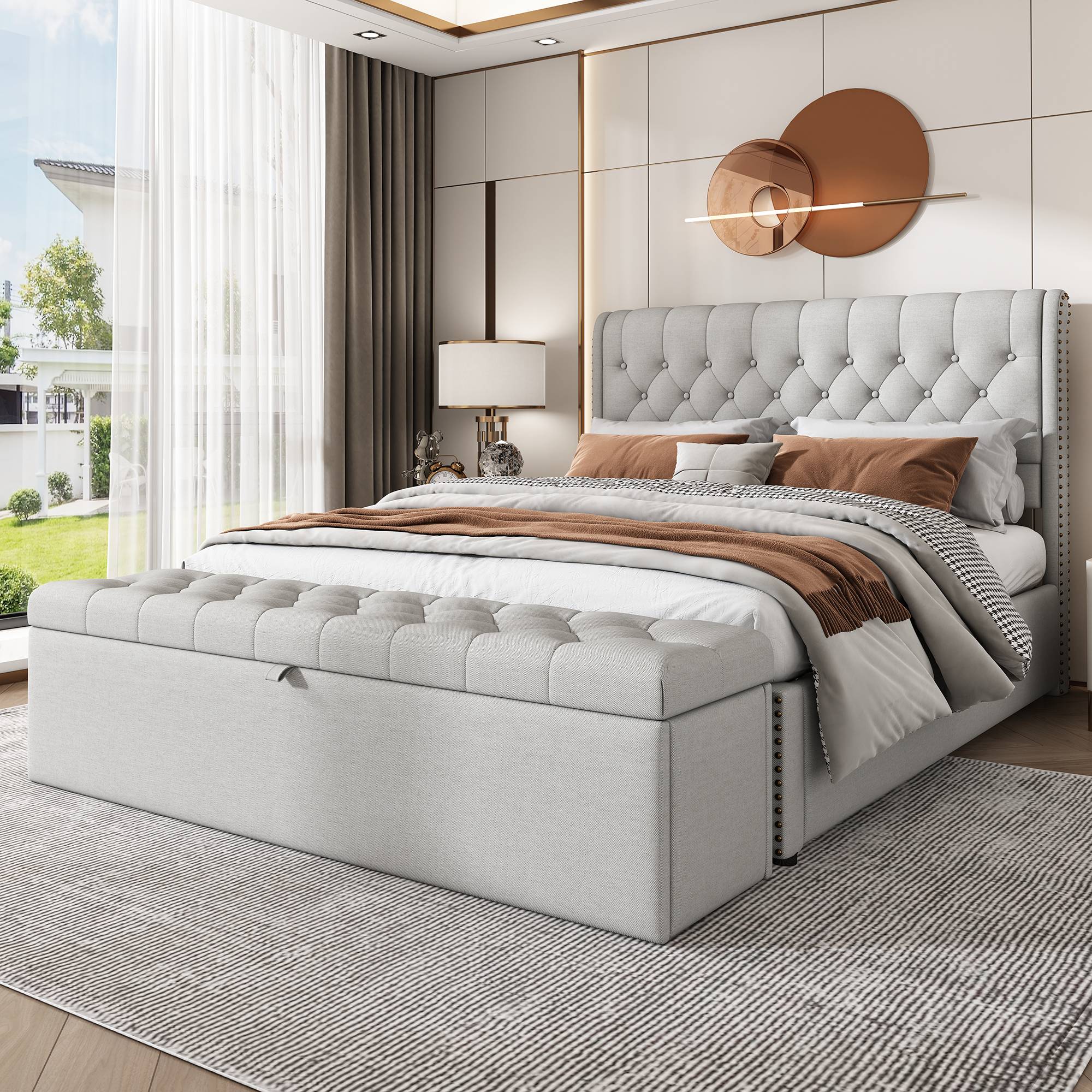 ComfortXL - Banc coffre de rangement en tissu lin rembourré pour chambre salon Gris clair 141 cm – ComfortXL Outdoor Living - Image 4