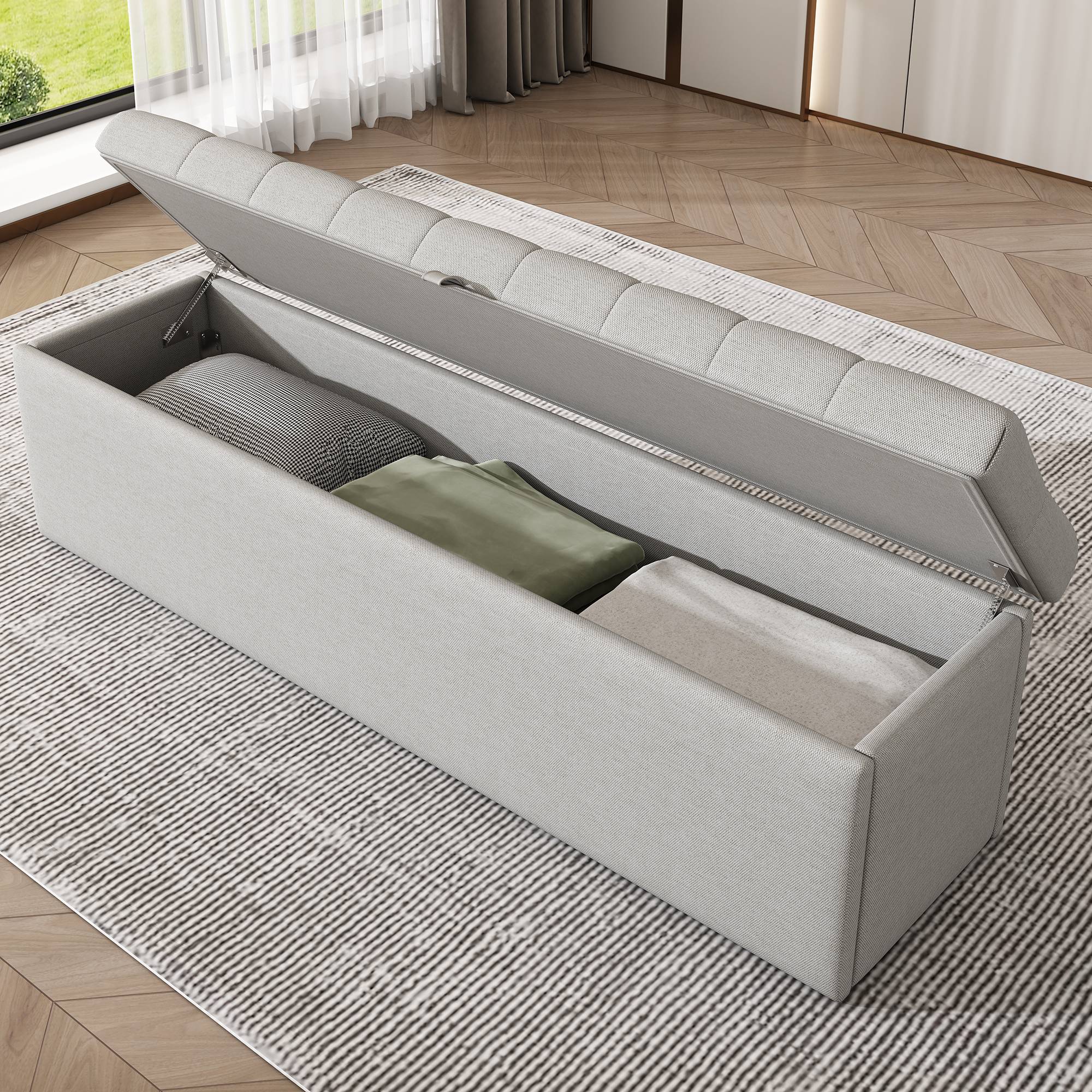 ComfortXL - Banc coffre de rangement en tissu lin rembourré pour chambre salon Gris clair 141 cm – ComfortXL Outdoor Living - Image 1