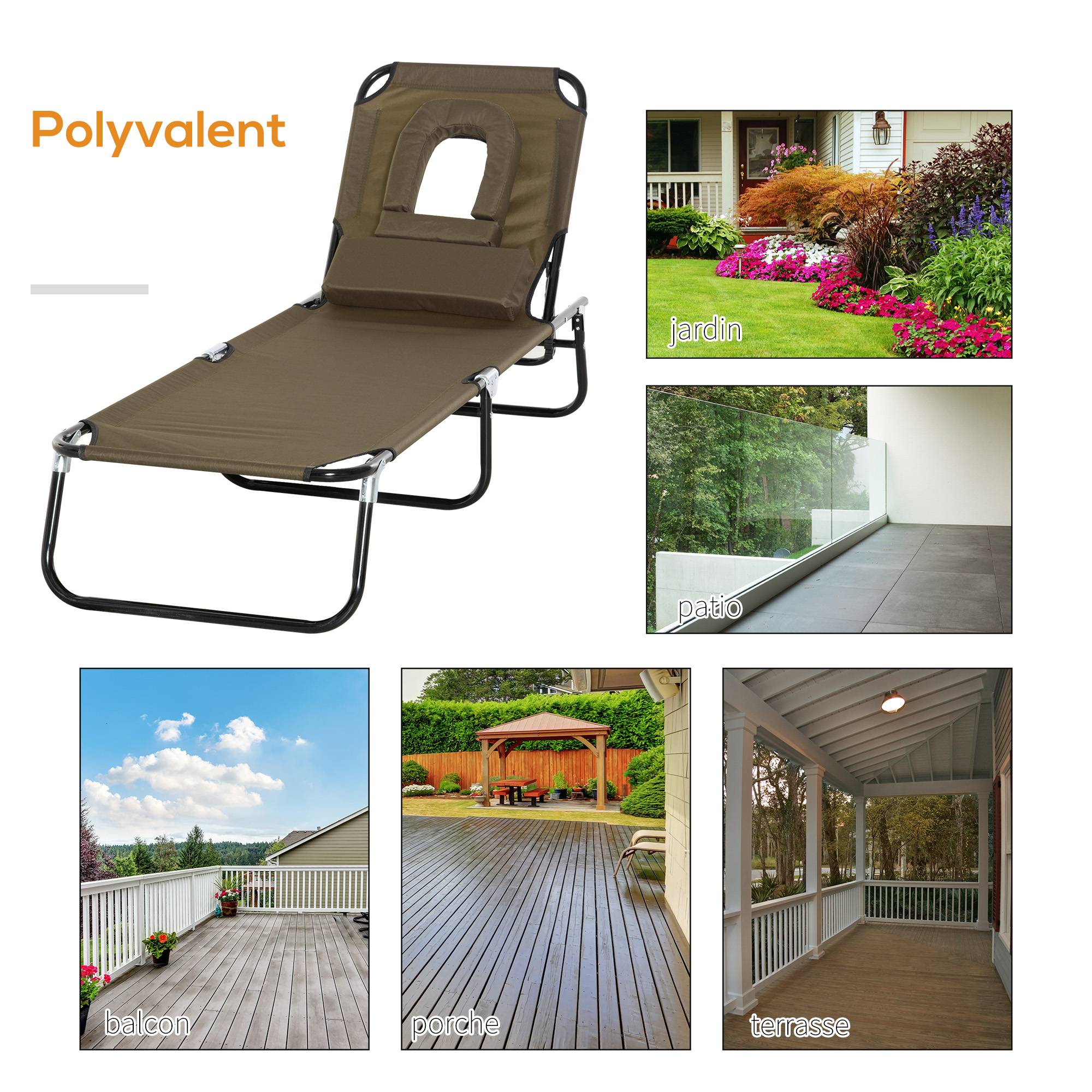 Transat de Jardin Chaise Longue Pliante Bain de Soleil avec Appuie-tête, Trou de lecture et Dossier Inclinable, Marron - Image 7