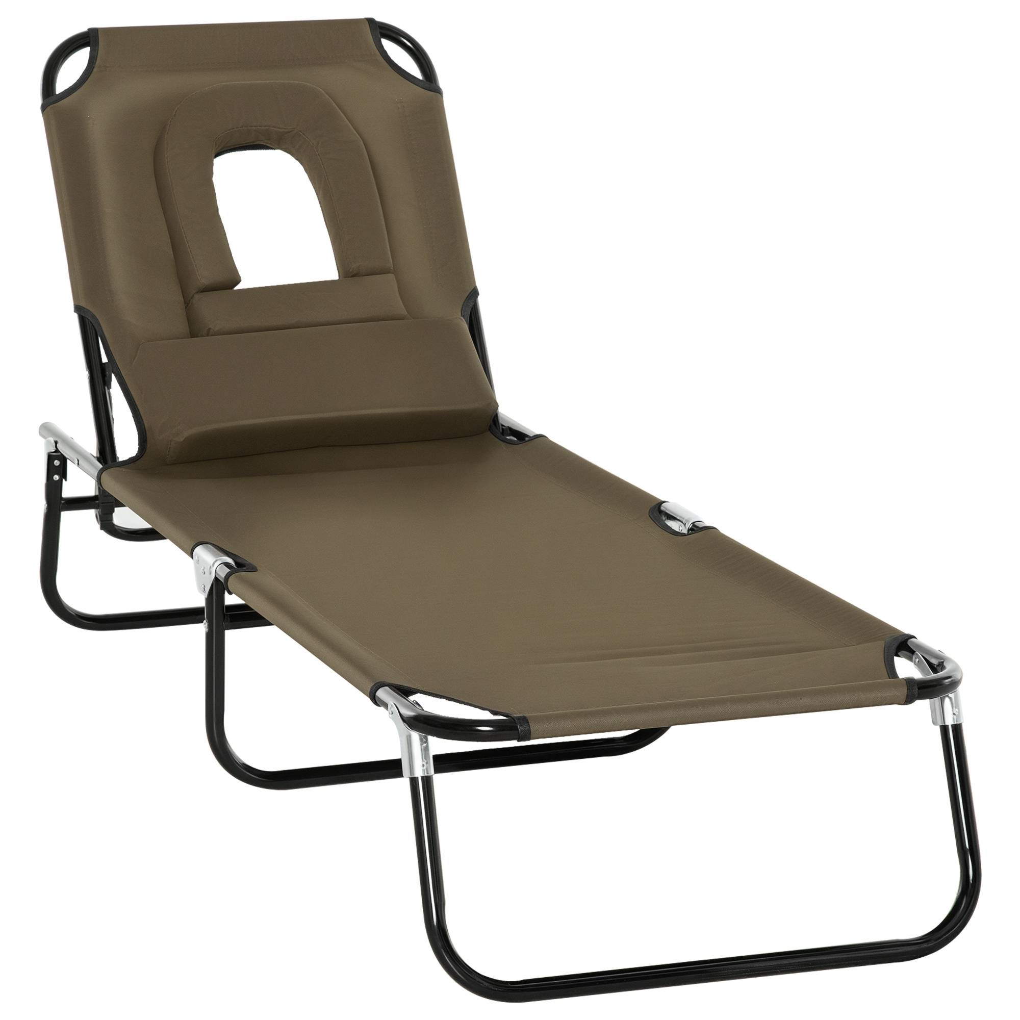 Transat de Jardin Chaise Longue Pliante Bain de Soleil avec Appuie-tête, Trou de lecture et Dossier Inclinable, Marron - Image 1