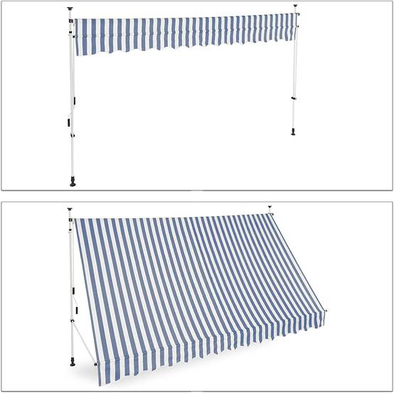 Store banne télescopique de balcon manivelle hauteur réglable résistant uv polyester acier 350 x 120 cm blanc et bleu - Image 2