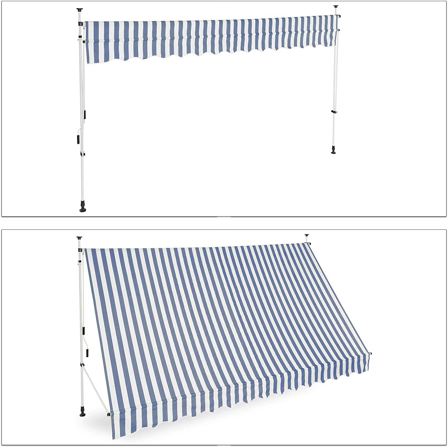 Store banne télescopique de balcon manivelle hauteur réglable résistant uv polyester acier 350 x 120 cm blanc et bleu - Image 2
