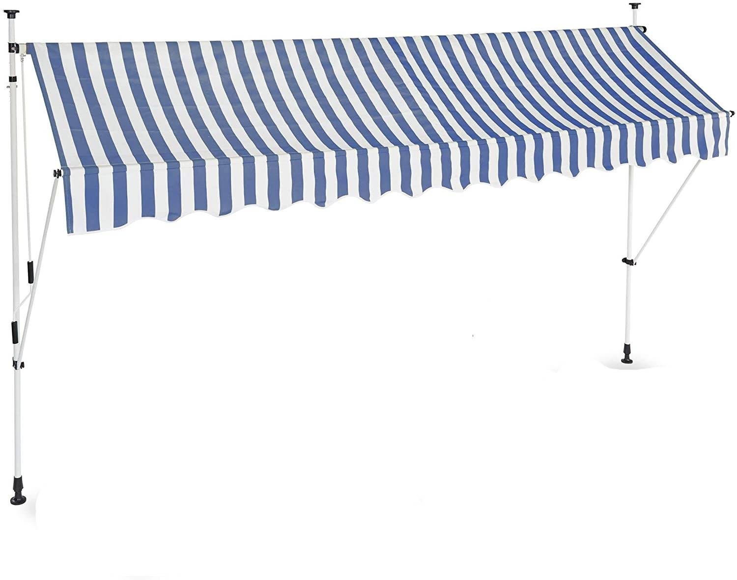 Store banne télescopique de balcon manivelle hauteur réglable résistant uv polyester acier 350 x 120 cm blanc et bleu - Image 1