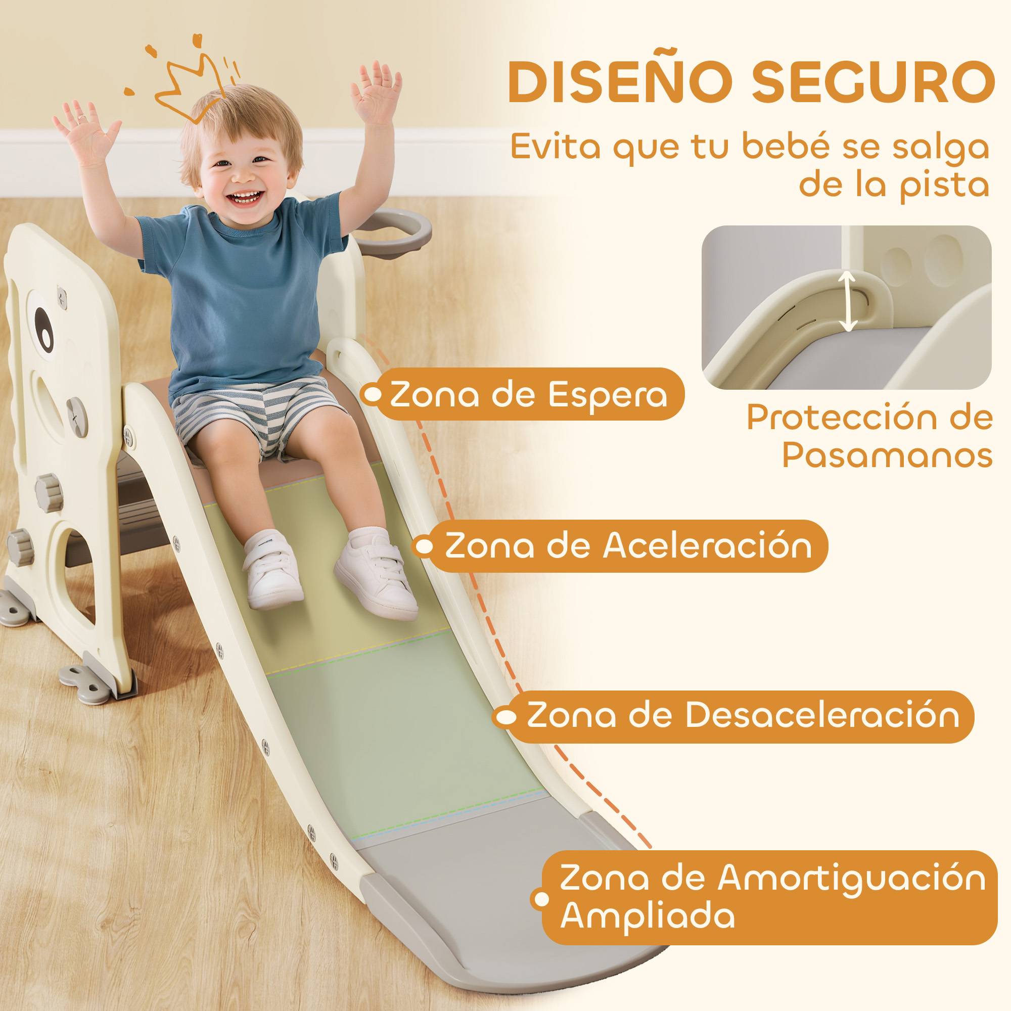 Toboggan pour enfants avec motif dinosaure, panier et échelle, pour les enfants de 2 à 5 ans, usage intérieur, 146 x 52 x 65 cm, couleur crème - Image 8