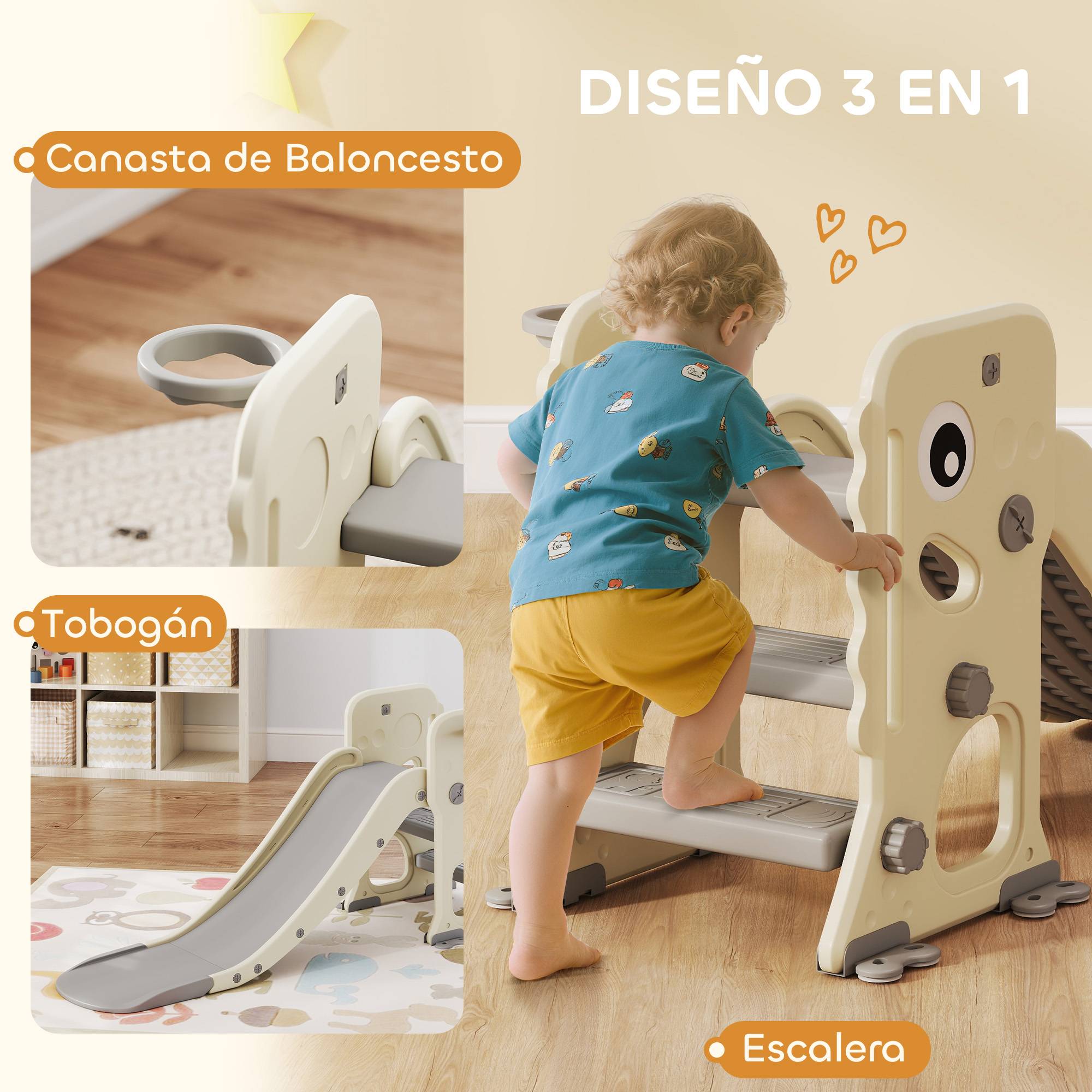Toboggan pour enfants avec motif dinosaure, panier et échelle, pour les enfants de 2 à 5 ans, usage intérieur, 146 x 52 x 65 cm, couleur crème - Image 7