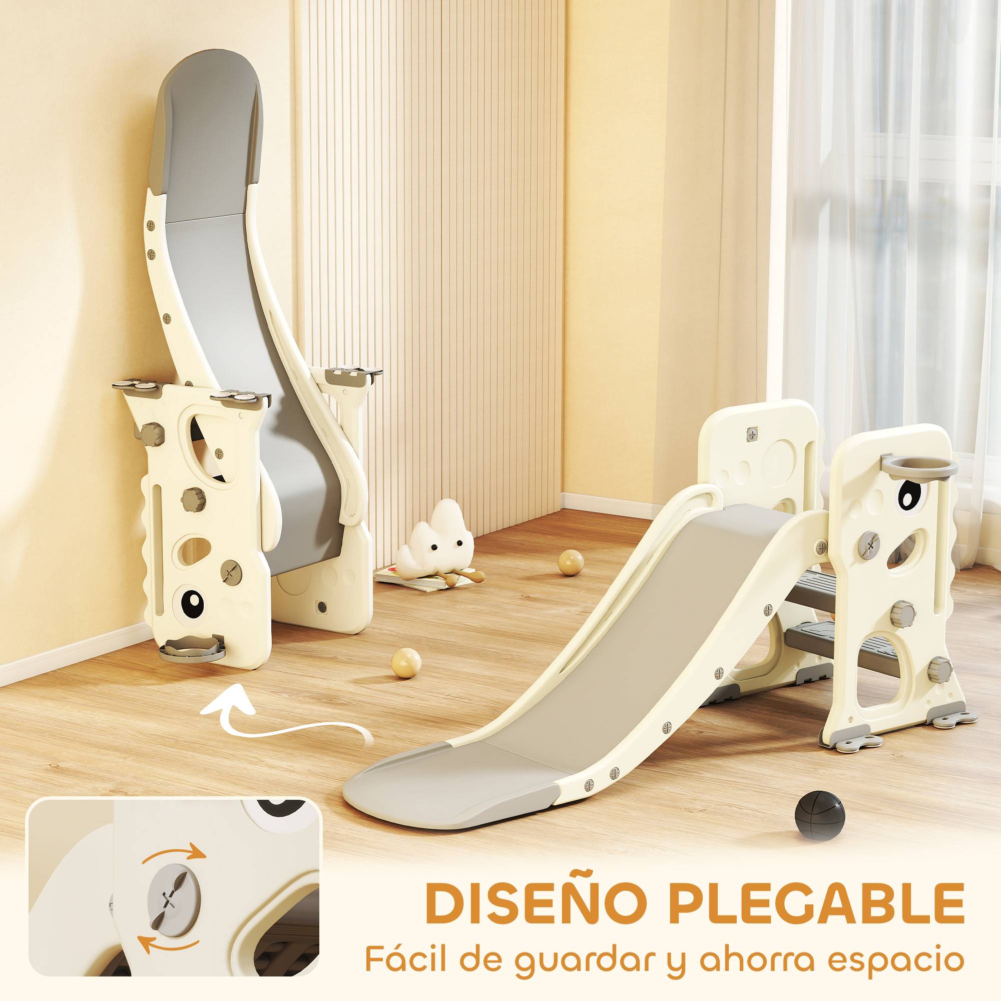 Toboggan pour enfants avec motif dinosaure, panier et échelle, pour les enfants de 2 à 5 ans, usage intérieur, 146 x 52 x 65 cm, couleur crème - Image 6