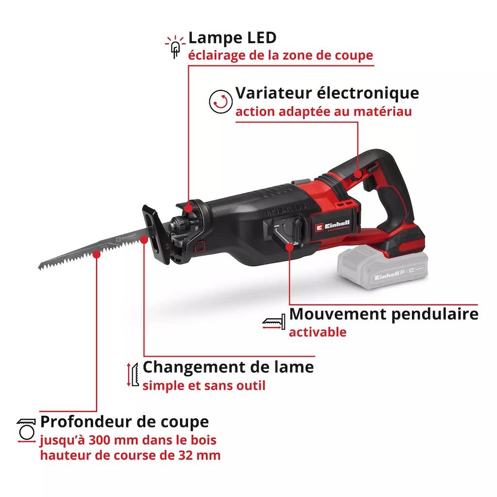 Einhell - Scie sabre sans fil - TP-AP 18/32 Li BL-Solo - Course 32 mm - Brushless - Vitesse réglable - Einhell - Image 4