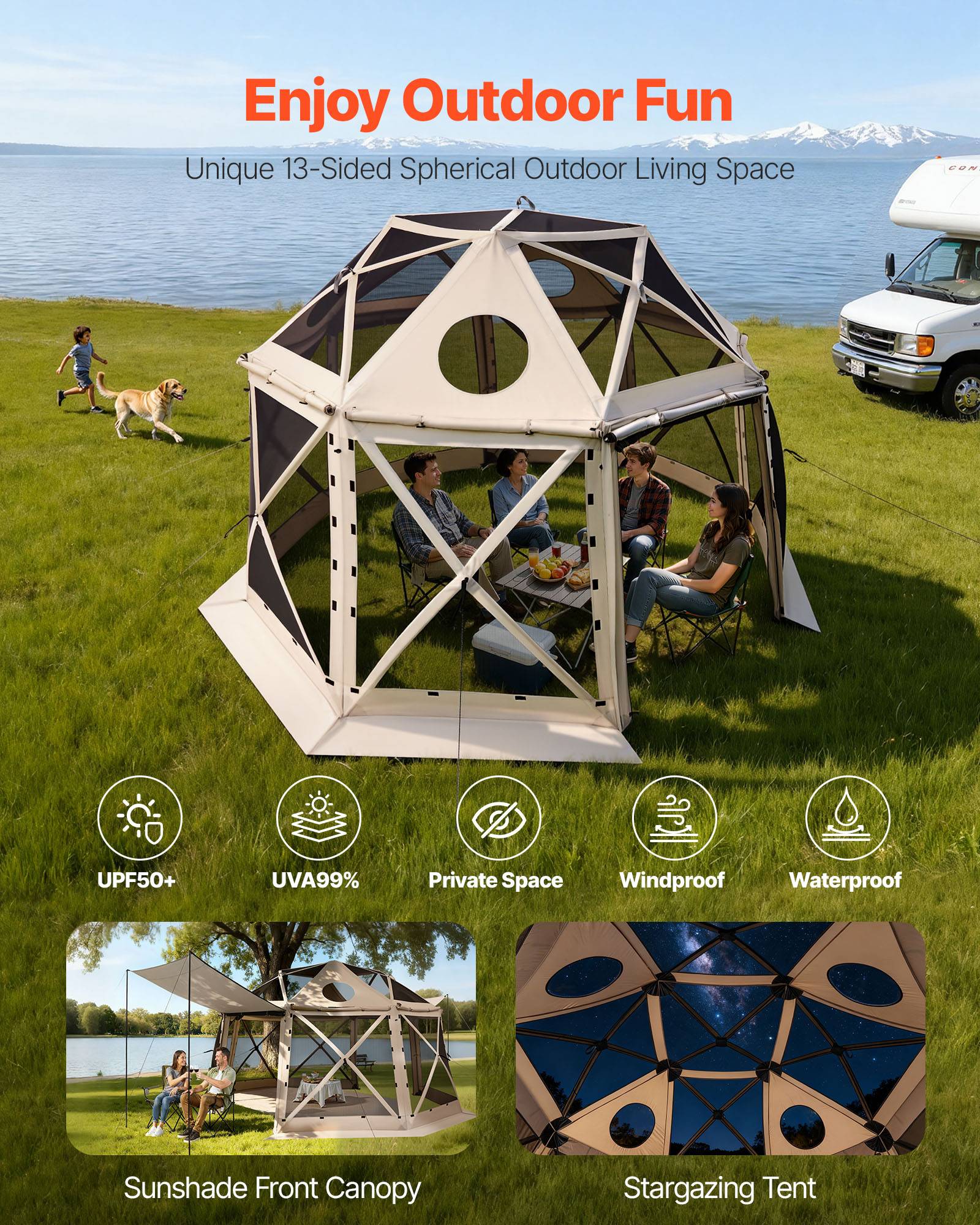 Vevor - VEVOR Tente moustiquaire pop-up 3,6x3,6 m 8-10 pers. - structure géodésique 13 faces, Oxford 300D PU, UV50+, sac de transport, beige. - Image 3