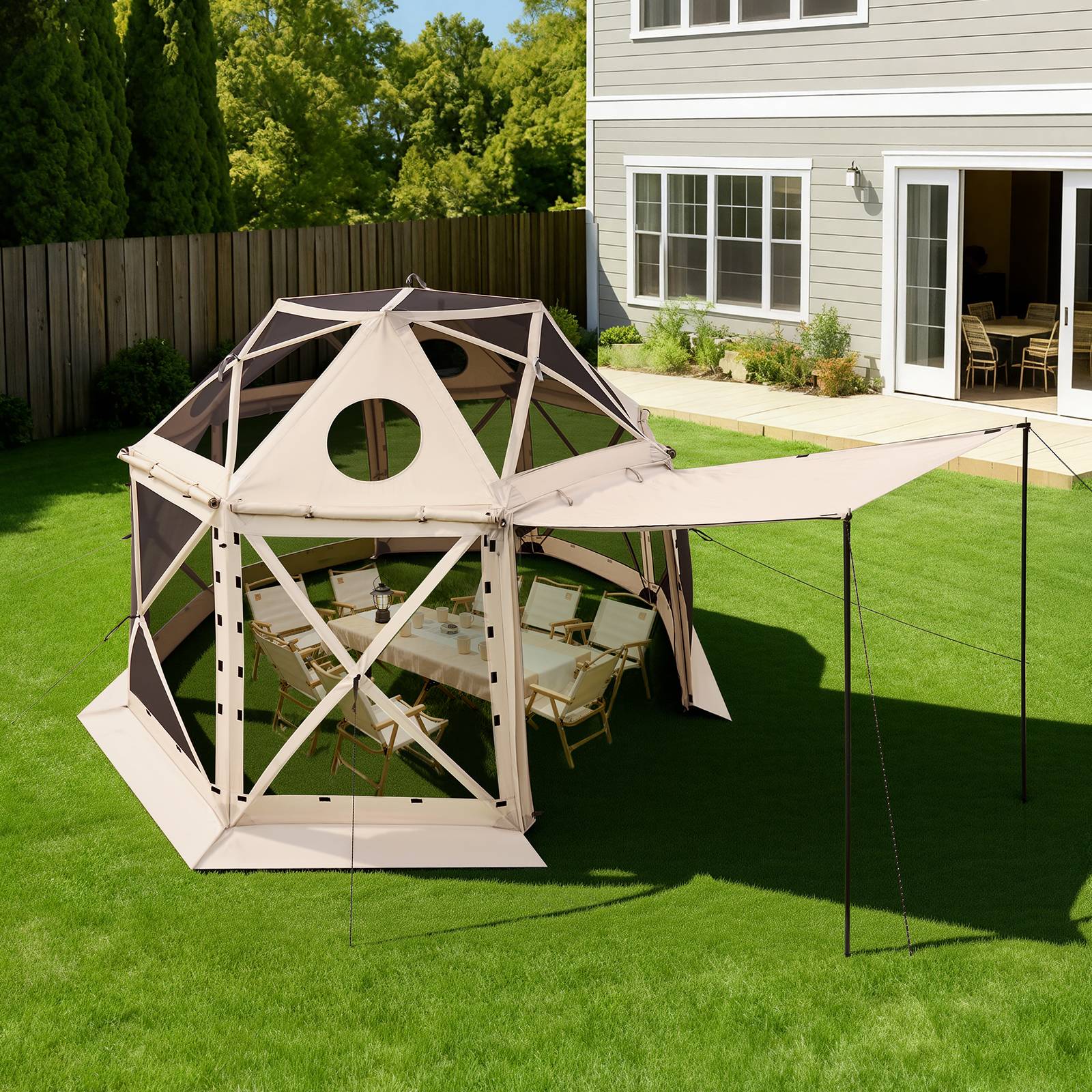 Vevor - VEVOR Tente moustiquaire pop-up 3,6x3,6 m 8-10 pers. - structure géodésique 13 faces, Oxford 300D PU, UV50+, sac de transport, beige. - Image 8