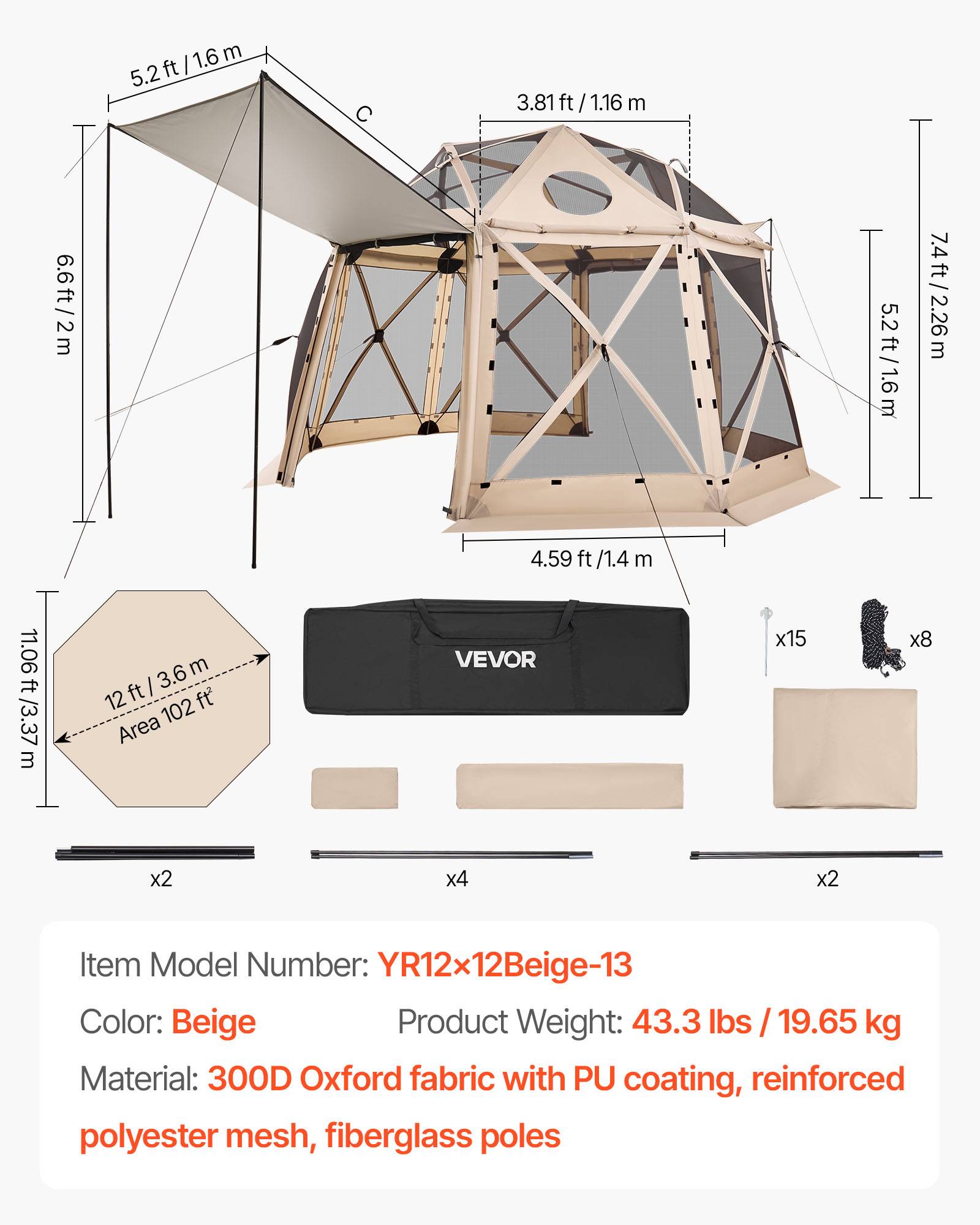 Vevor - VEVOR Tente moustiquaire pop-up 3,6x3,6 m 8-10 pers. - structure géodésique 13 faces, Oxford 300D PU, UV50+, sac de transport, beige. - Image 6
