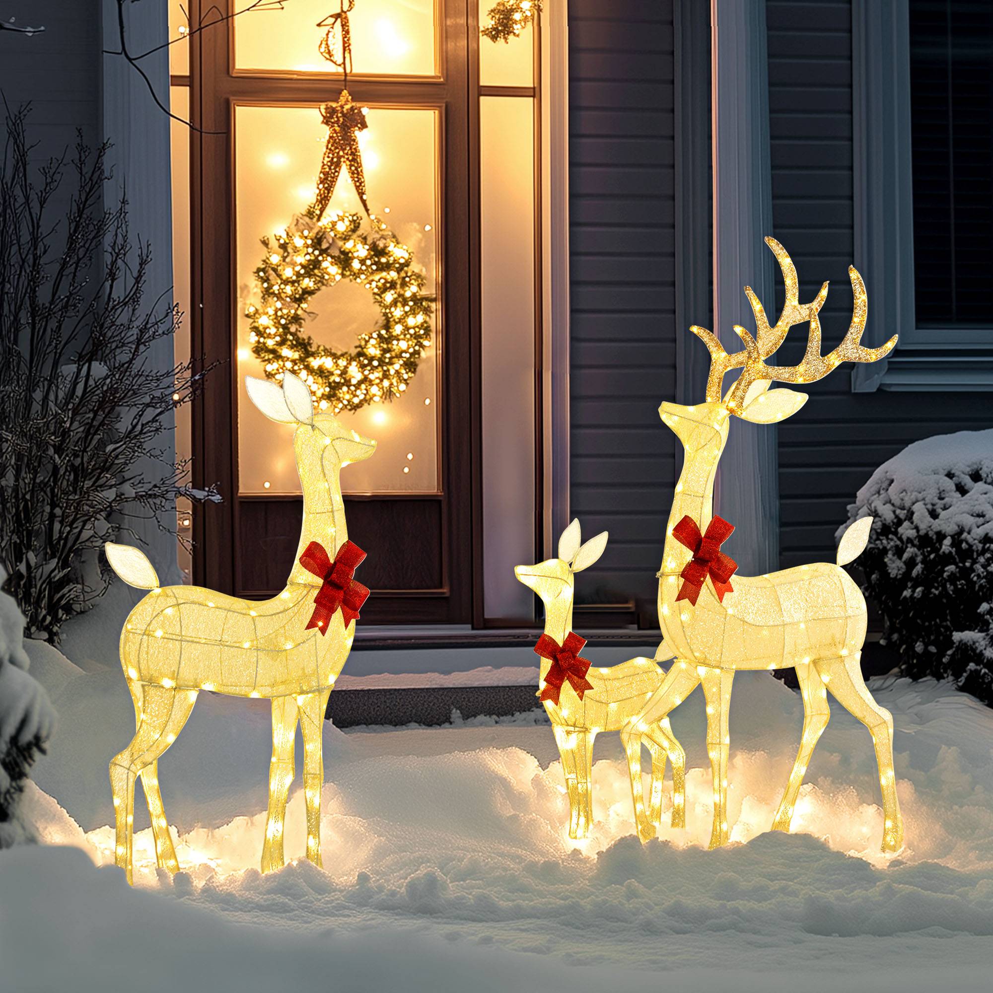 ComfortXL - Famille de rennes lumineuse acier polyester argentée pour jardin avec 283 LED blanc chaud et fixation au sol - Image 1