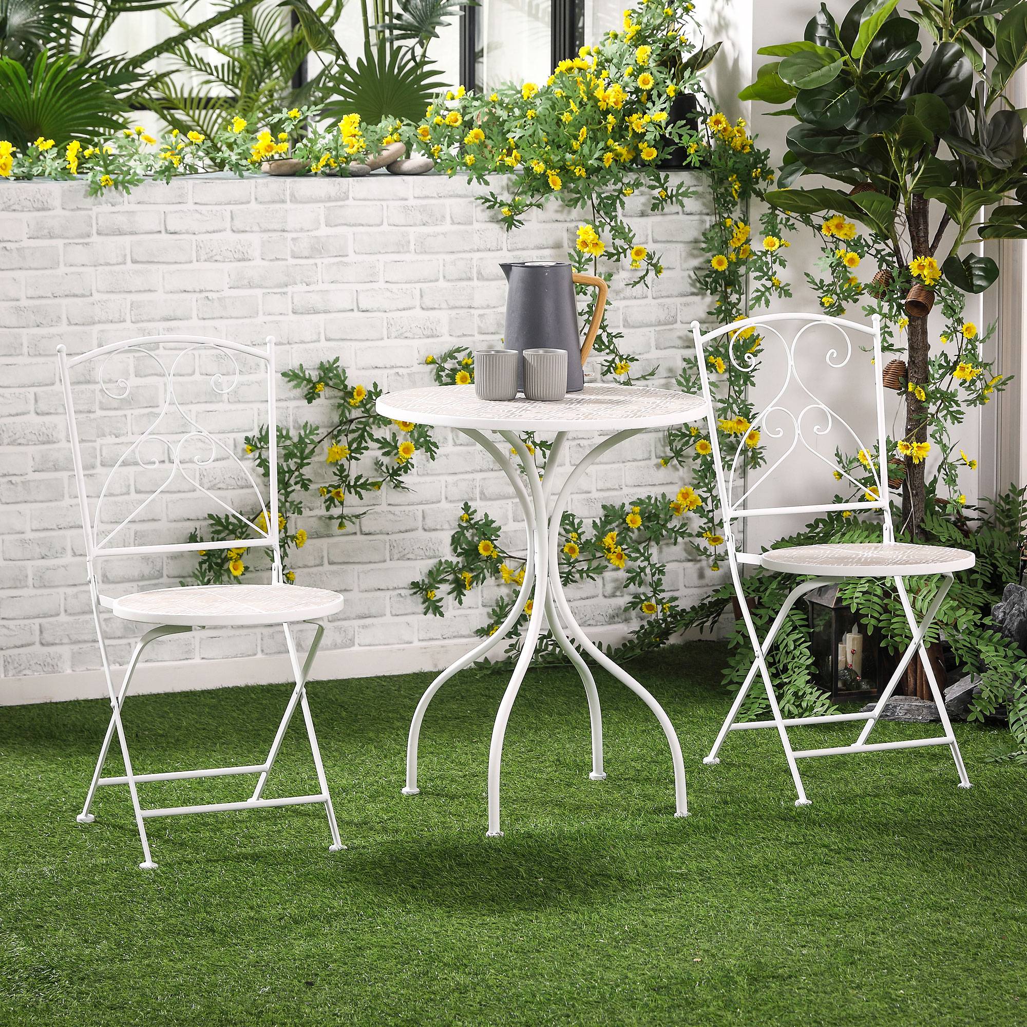 Outsunny - Ensemble de jardin bistro 3 pièces 2 chaises pliantes et table ronde - métal époxy, plateau mosaïque - blanc - Outsunny - Image 2
