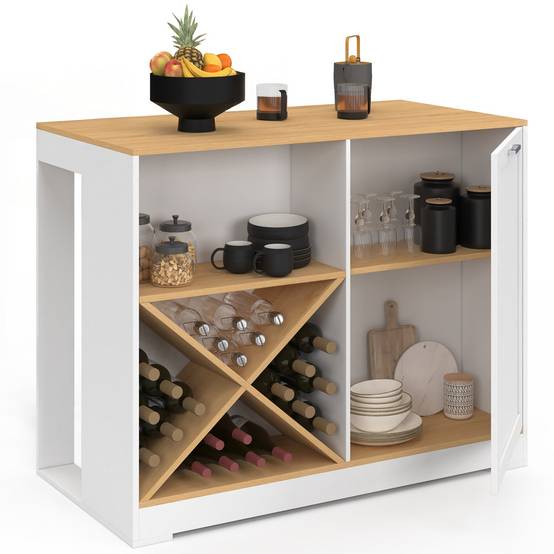 Table de bar îlot VITO 113 cm avec range-bouteilles bois blanc et plateau façon hêtre - Image 2