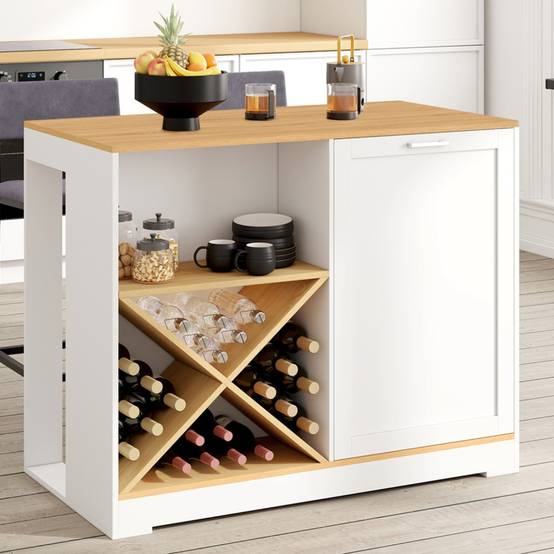Table de bar îlot VITO 113 cm avec range-bouteilles bois blanc et plateau façon hêtre - Image 1