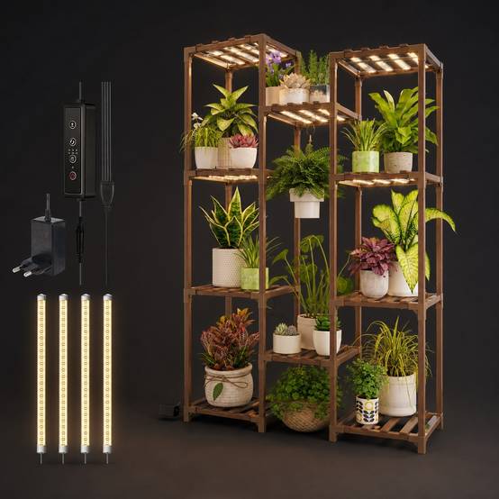 Support de Plantes En Bois avec LED 8 Niveaux Éclairage Horticole pour Salon Balcon Bureau - Image 7