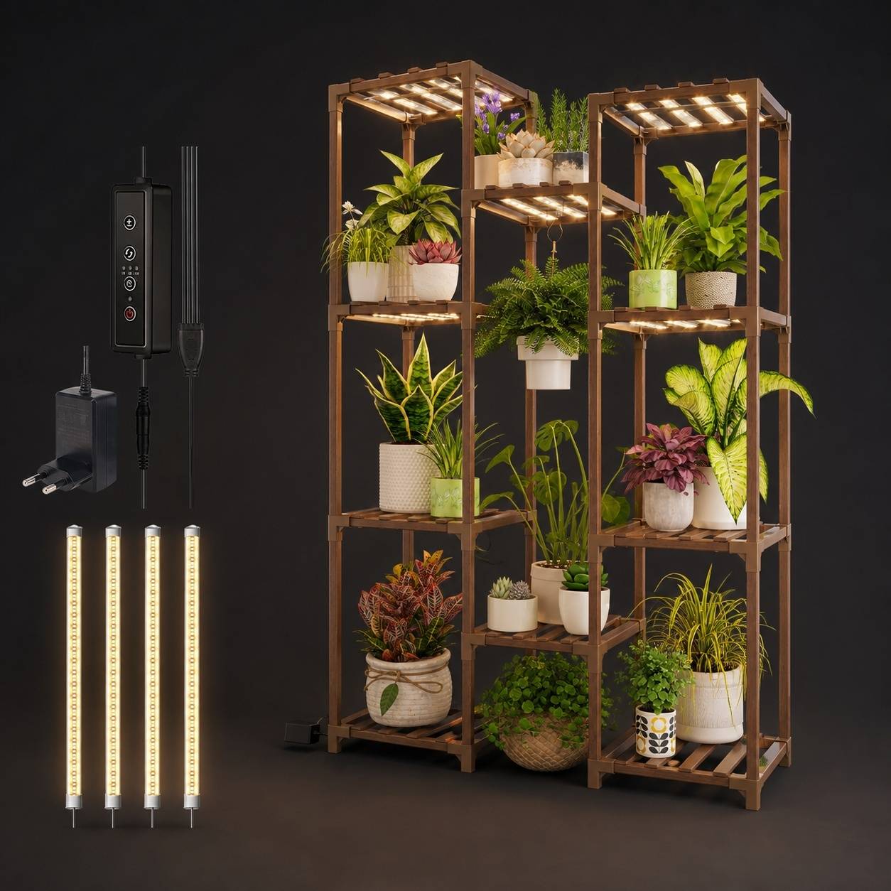Support de Plantes En Bois avec LED 8 Niveaux Éclairage Horticole pour Salon Balcon Bureau - Image 7