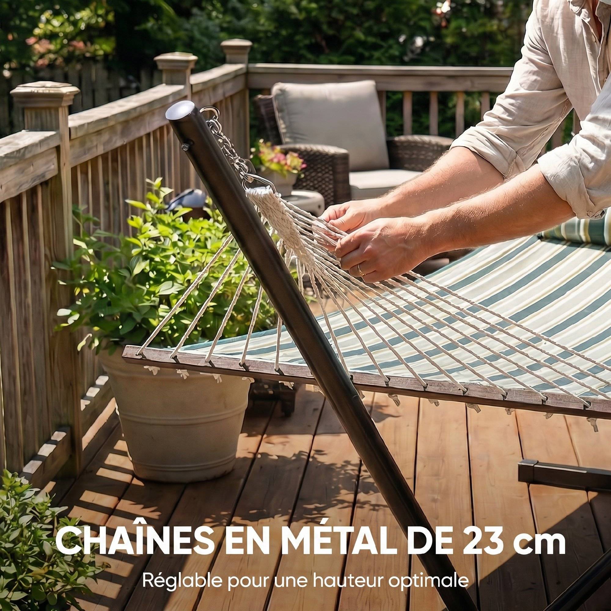 Hamac sur pied acier avec toile pour jardin coussin amovible barres d'écartement 353cm vert - ComfortXL Outdoor Living - Image 8