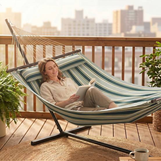 Hamac sur pied acier avec toile pour jardin coussin amovible barres d'écartement 353cm vert - ComfortXL Outdoor Living - Image 4
