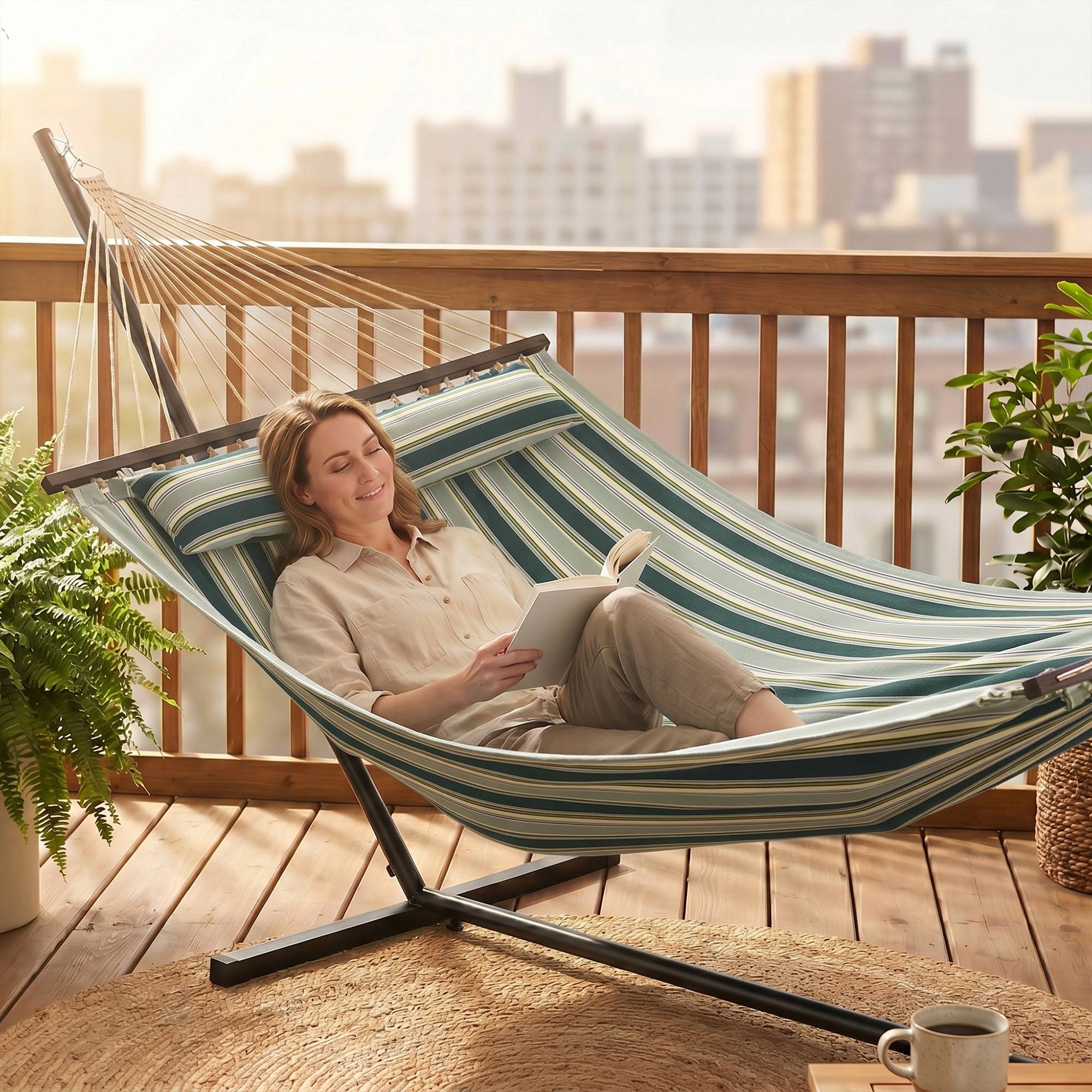 Hamac sur pied acier avec toile pour jardin coussin amovible barres d'écartement 353cm vert - ComfortXL Outdoor Living - Image 4