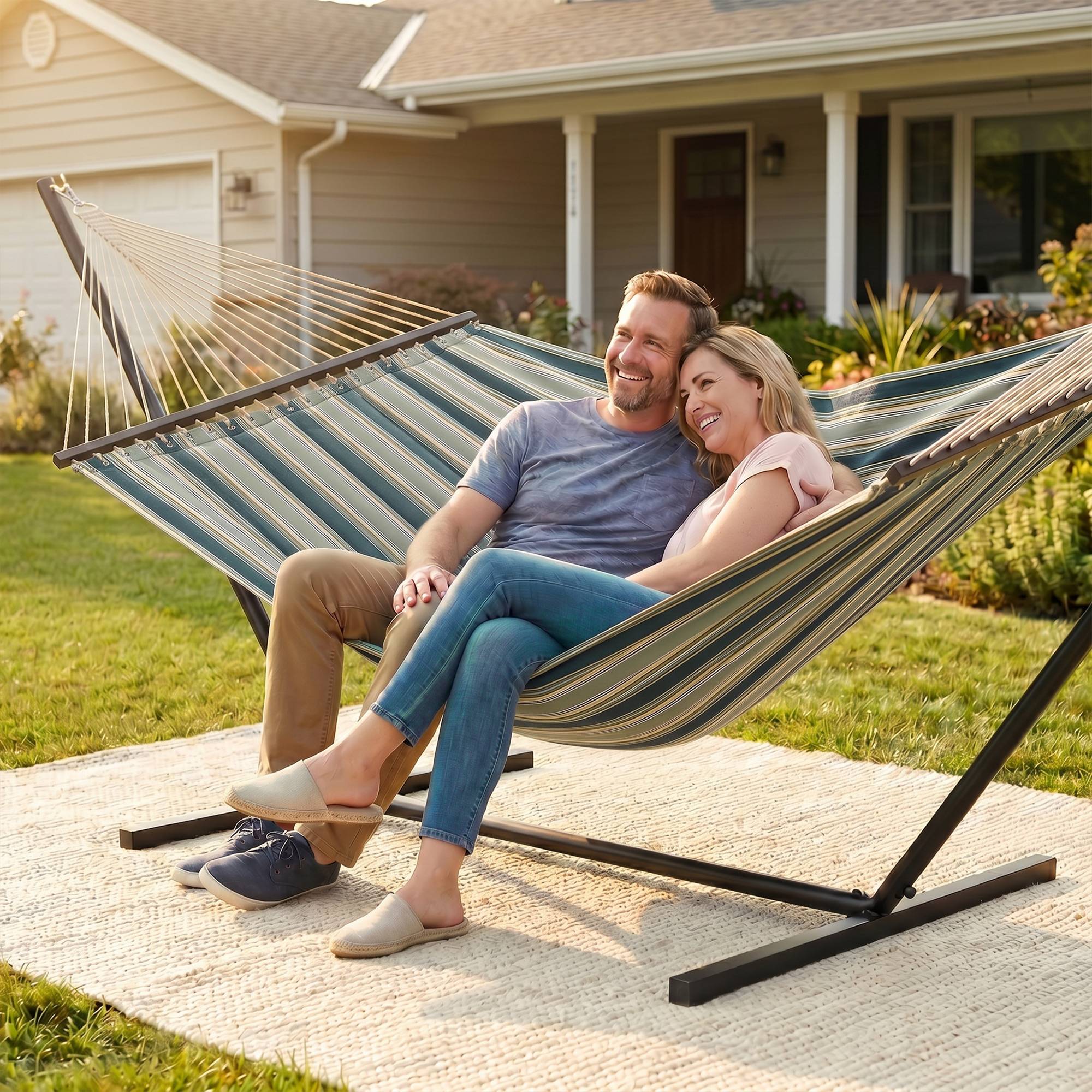 Hamac sur pied acier avec toile pour jardin coussin amovible barres d'écartement 353cm vert - ComfortXL Outdoor Living - Image 10