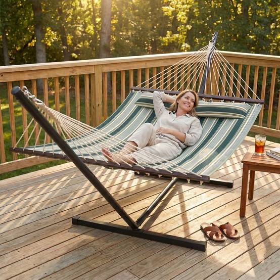 Hamac sur pied acier avec toile pour jardin coussin amovible barres d'écartement 353cm vert - ComfortXL Outdoor Living - Image 3