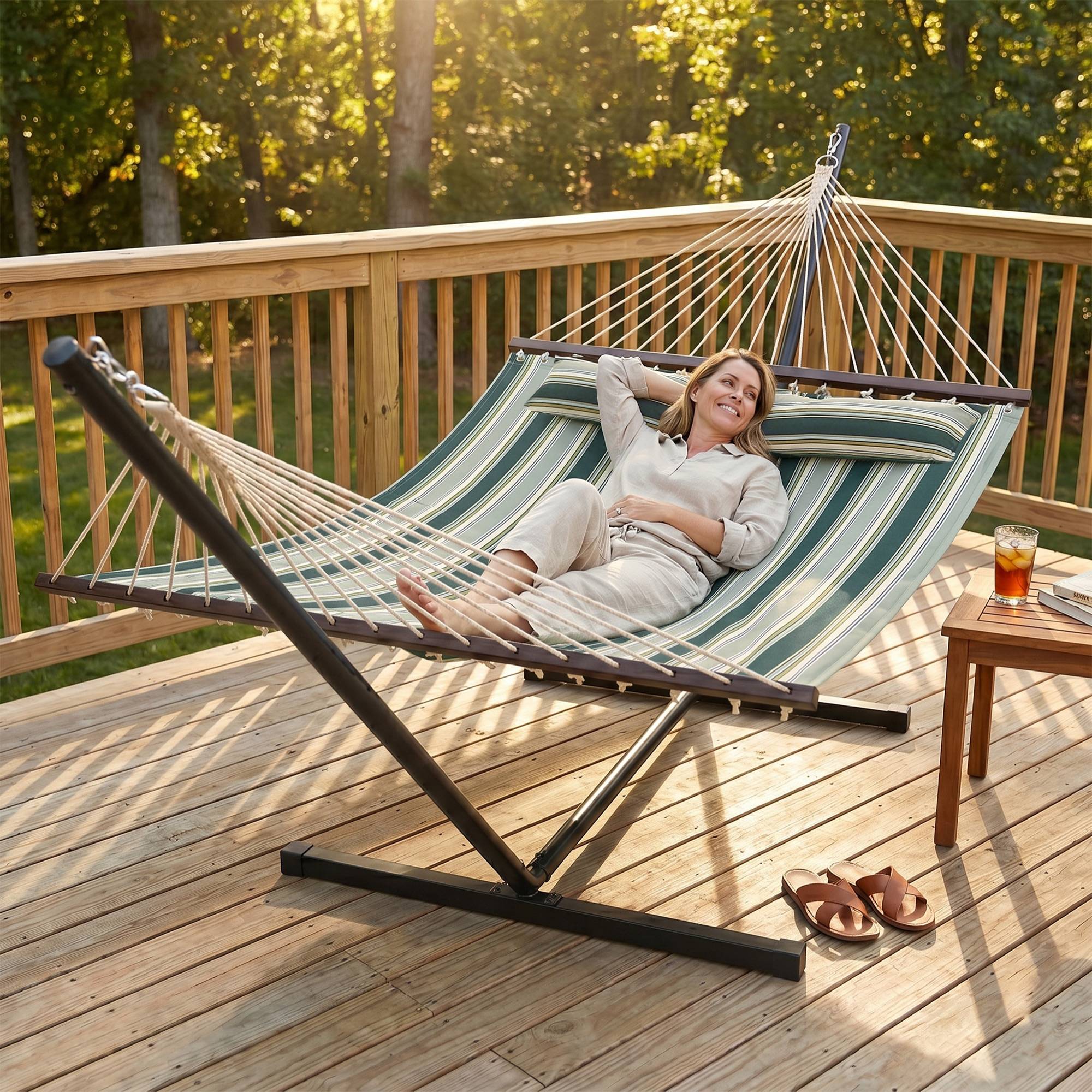 Hamac sur pied acier avec toile pour jardin coussin amovible barres d'écartement 353cm vert - ComfortXL Outdoor Living - Image 3
