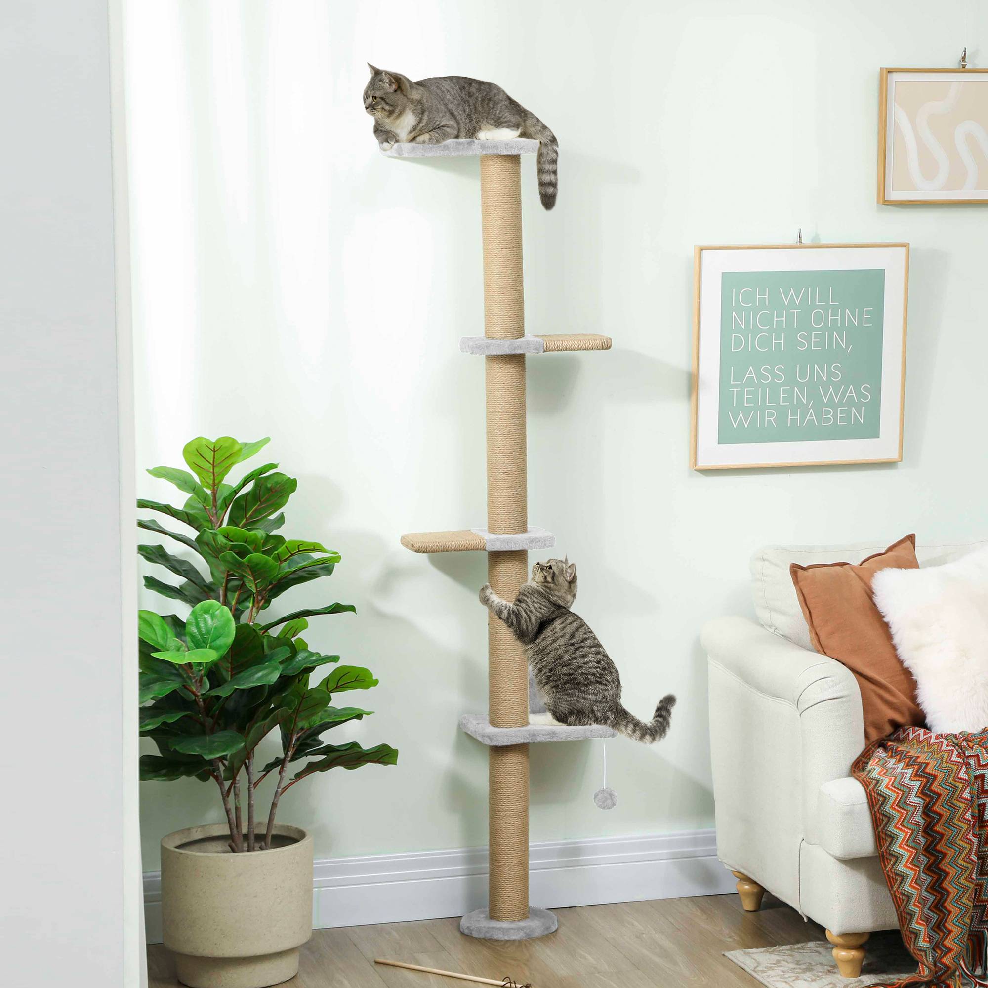 Arbre à Chat Mural 5 Niveaux Gain de Place avec Griffoir Sisal et Jouet Suspendu Gris Clair 180 cm - ComfortXL Outdoor Living - Image 3