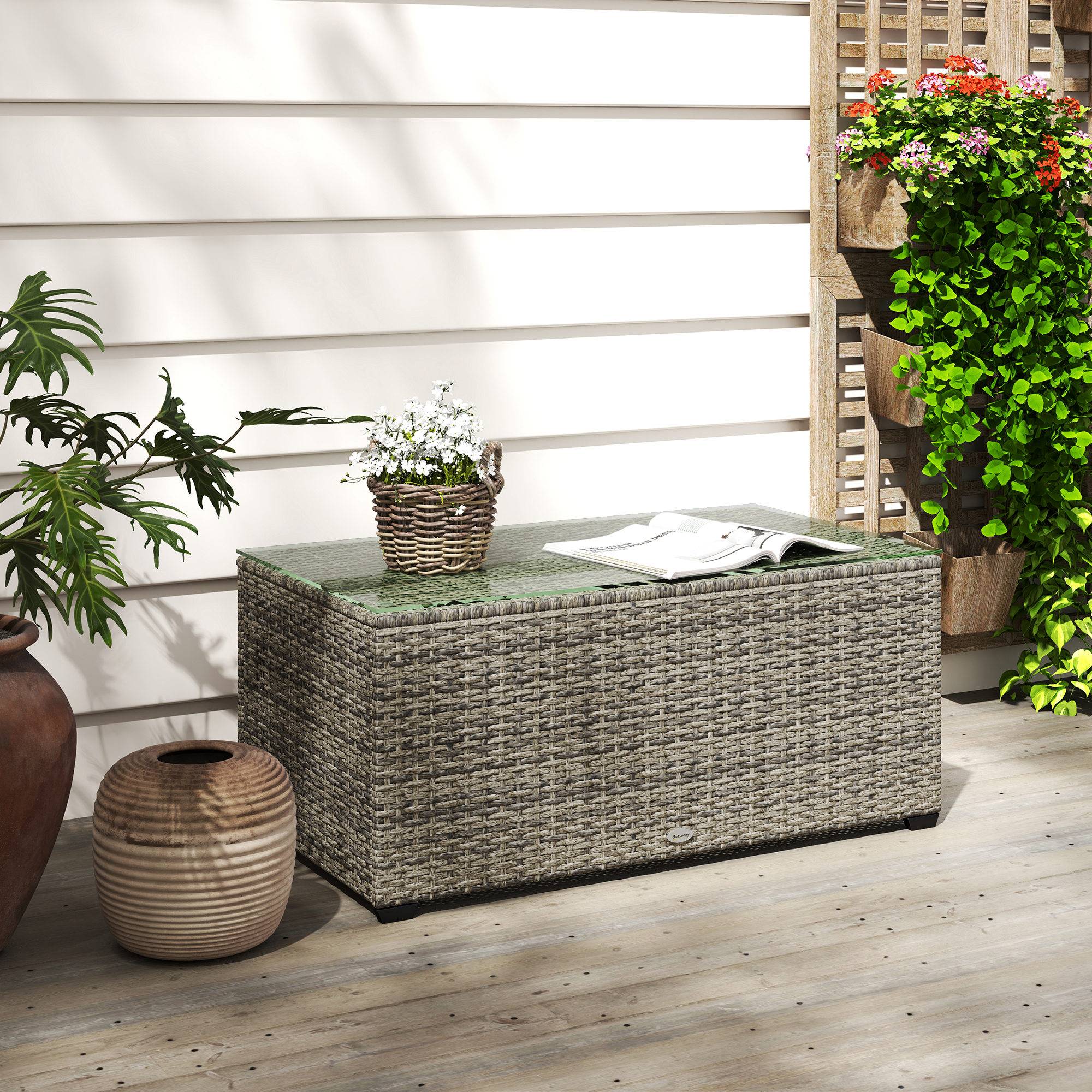 Outsunny - Table basse de jardin plateau en verre trempé - résine tressée - cadre en acier - 90 x 50 x 38 cm - gris foncé - Outsunny - Image 4