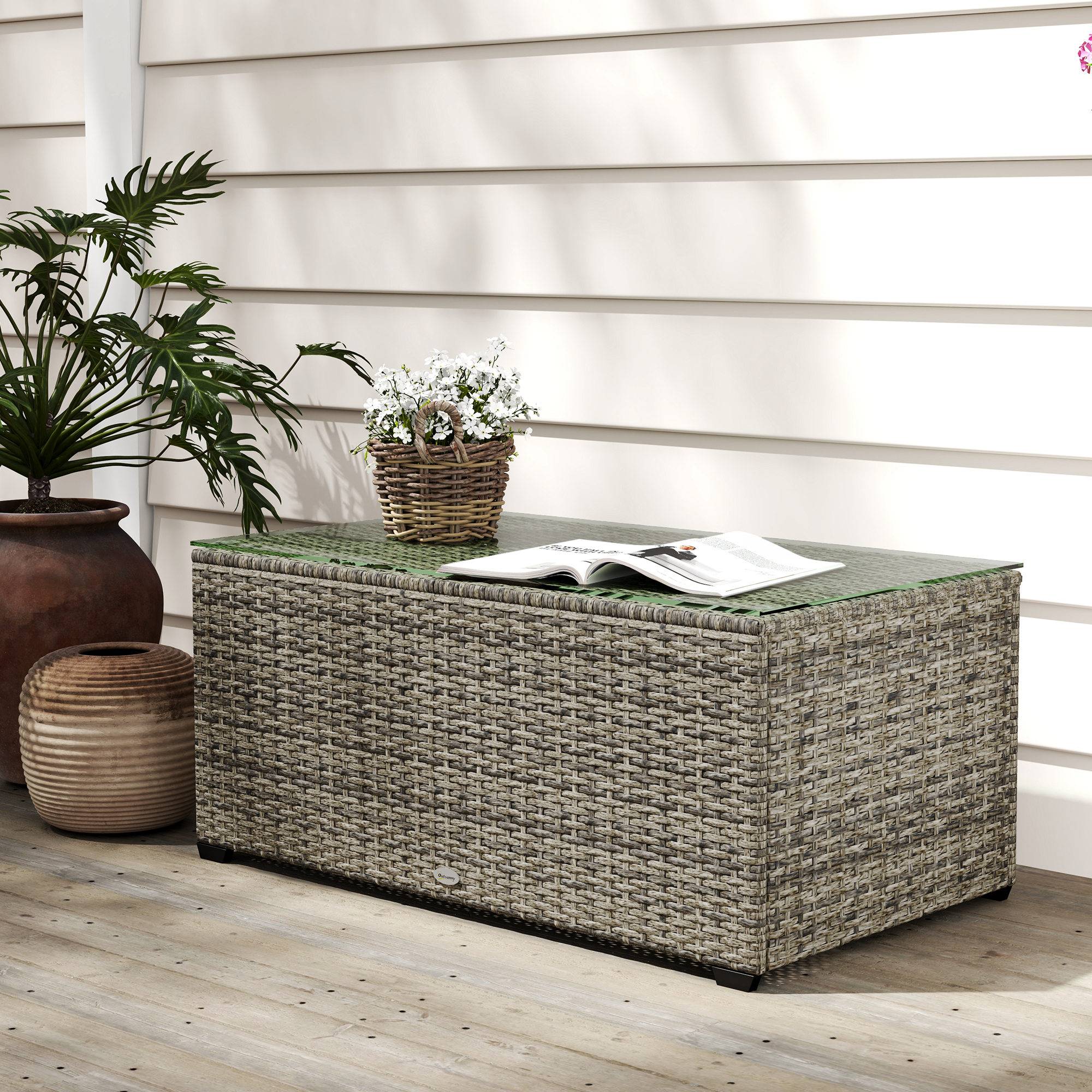 Outsunny - Table basse de jardin plateau en verre trempé - résine tressée - cadre en acier - 90 x 50 x 38 cm - gris foncé - Outsunny - Image 2