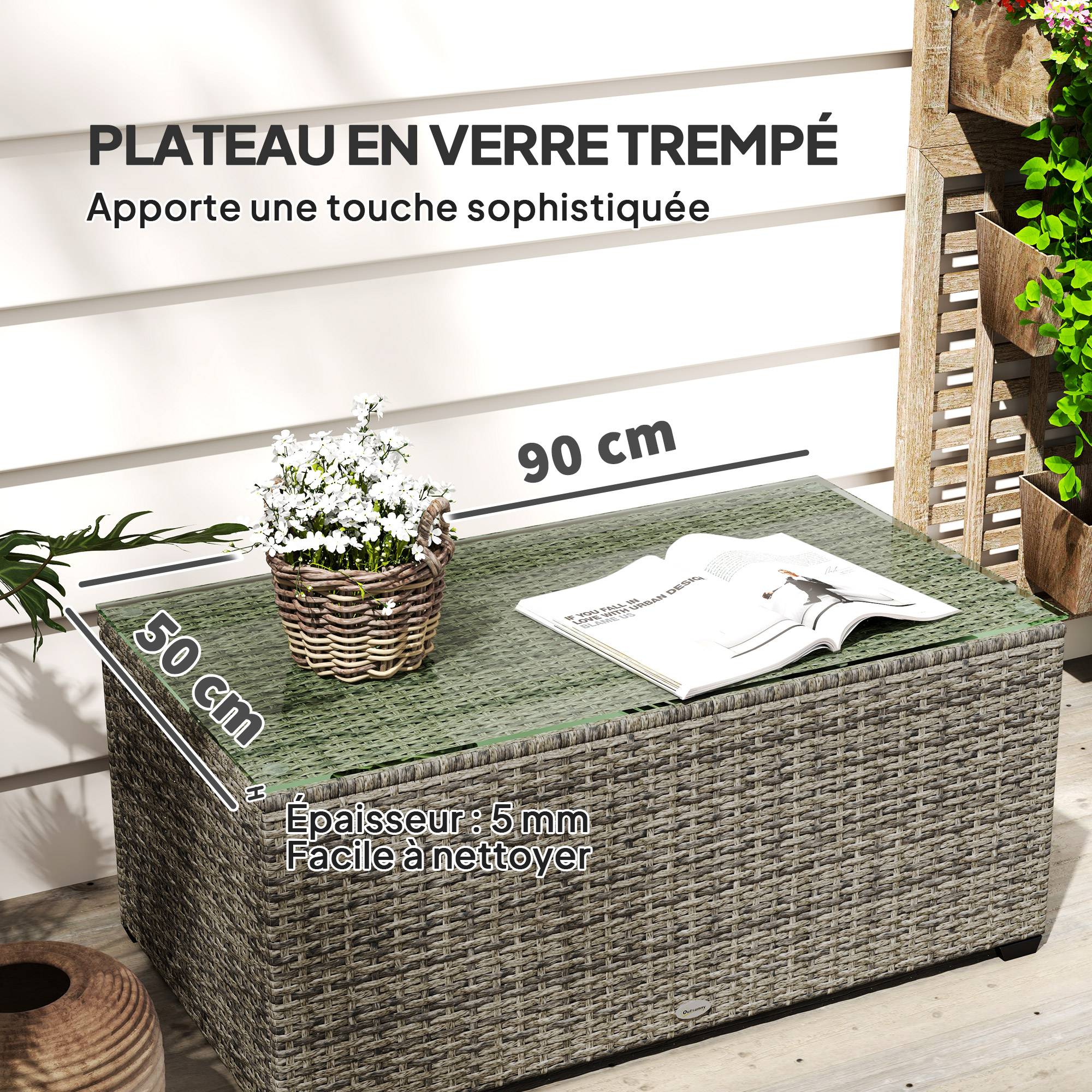 Outsunny - Table basse de jardin plateau en verre trempé - résine tressée - cadre en acier - 90 x 50 x 38 cm - gris foncé - Outsunny - Image 8