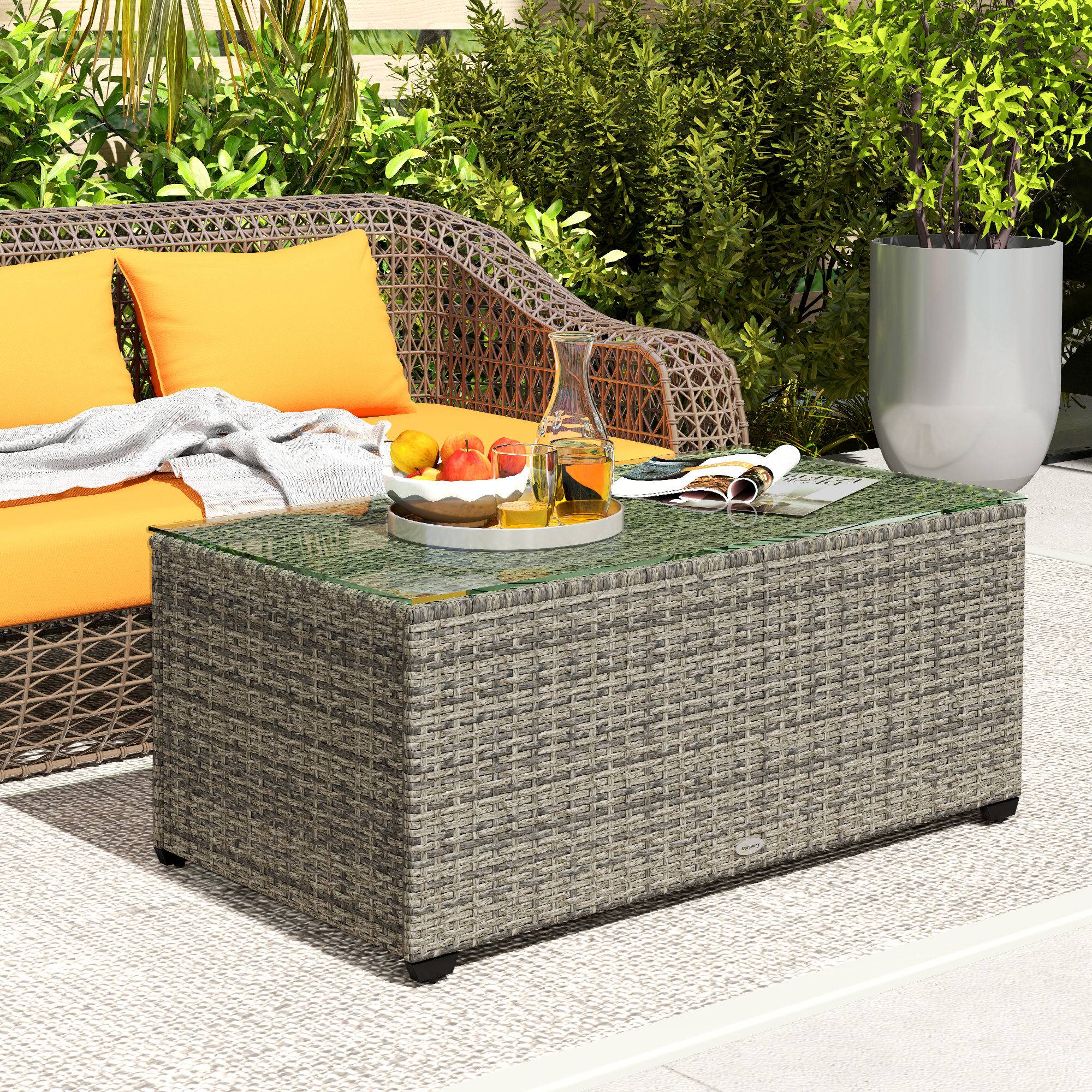 Outsunny - Table basse de jardin plateau en verre trempé - résine tressée - cadre en acier - 90 x 50 x 38 cm - gris foncé - Outsunny - Image 6