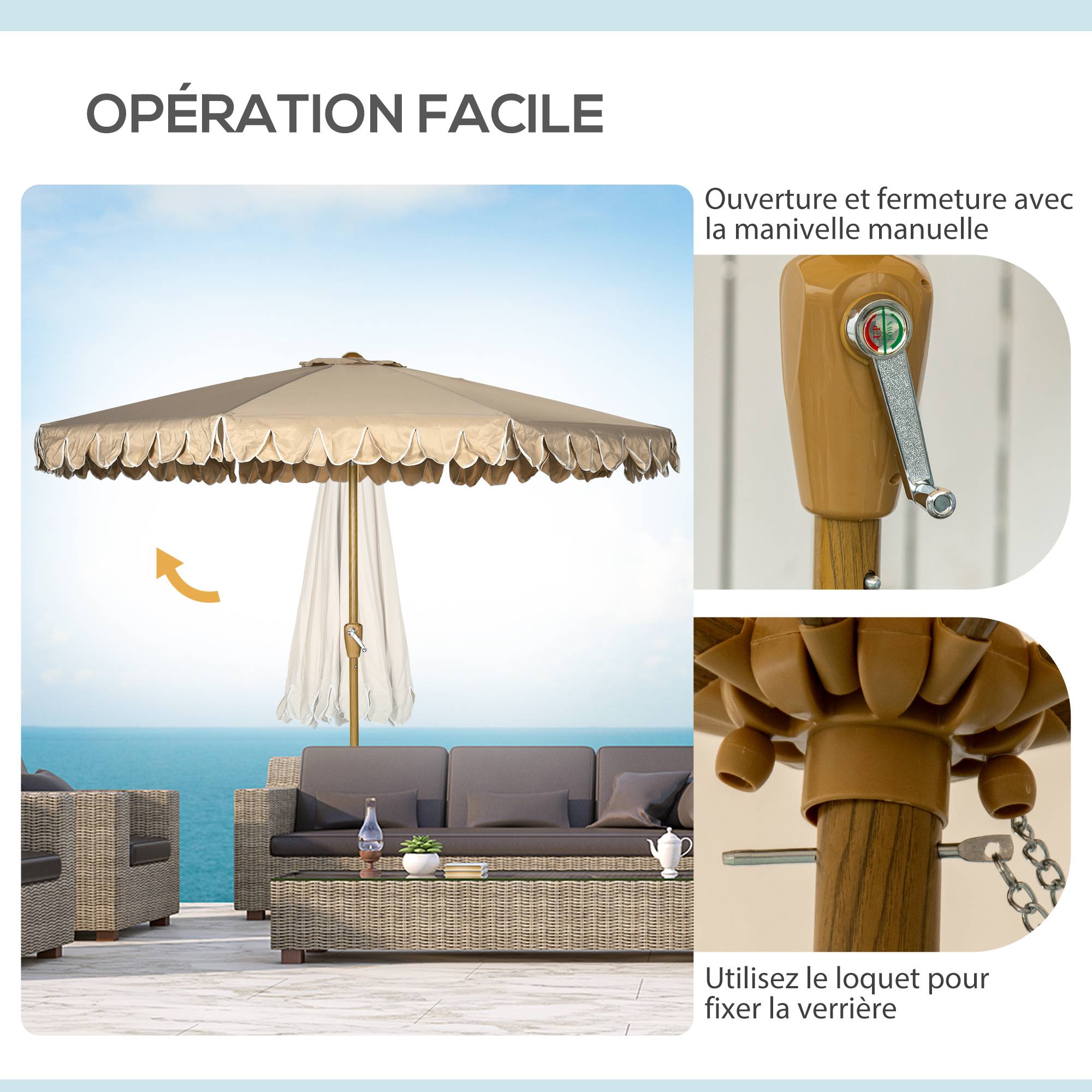 Parasol inclinable rond en polyester et acier kaki 260 x 135 x 230 cm - PANGIVO - Image 7