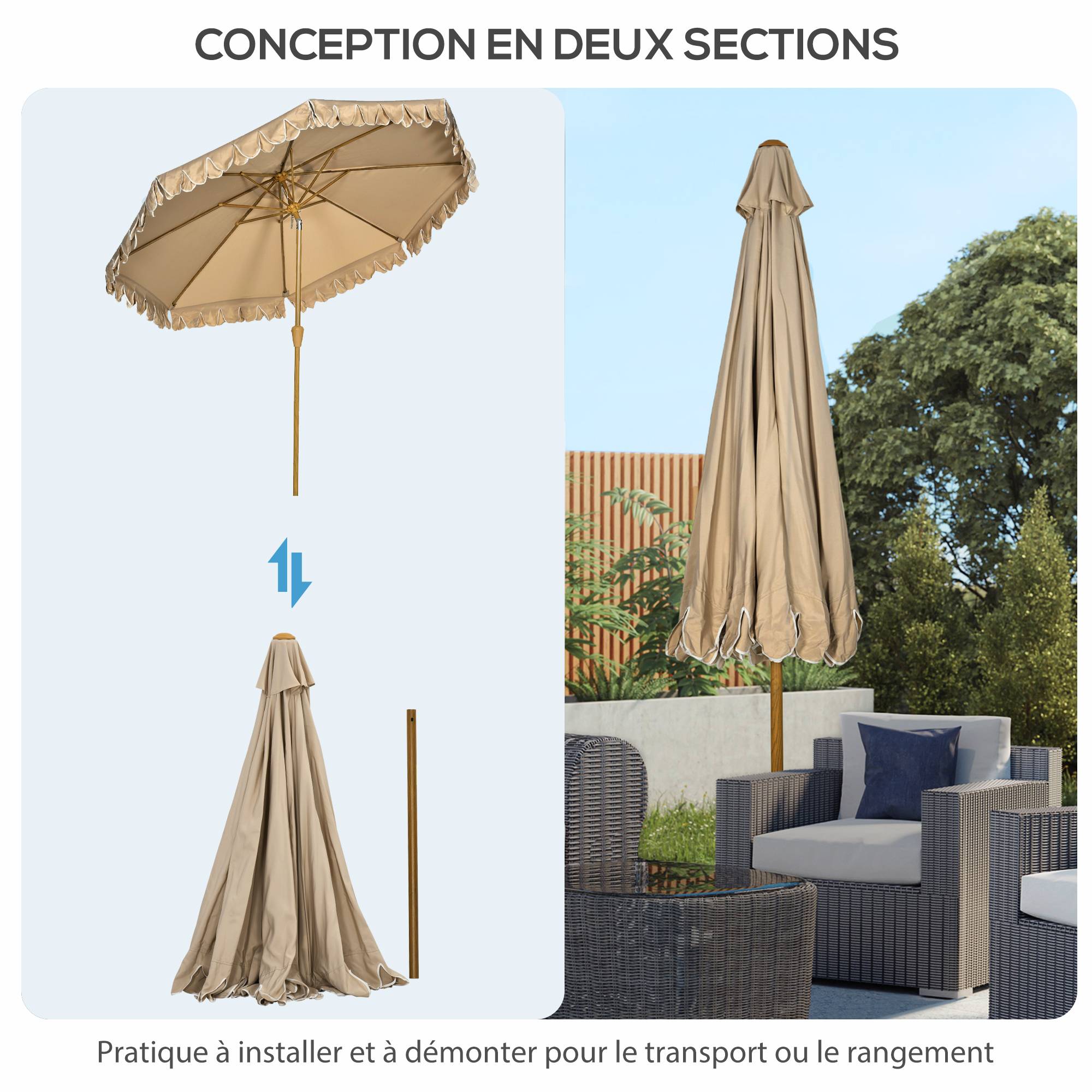 Parasol inclinable rond en polyester et acier kaki 260 x 135 x 230 cm - PANGIVO - Image 10