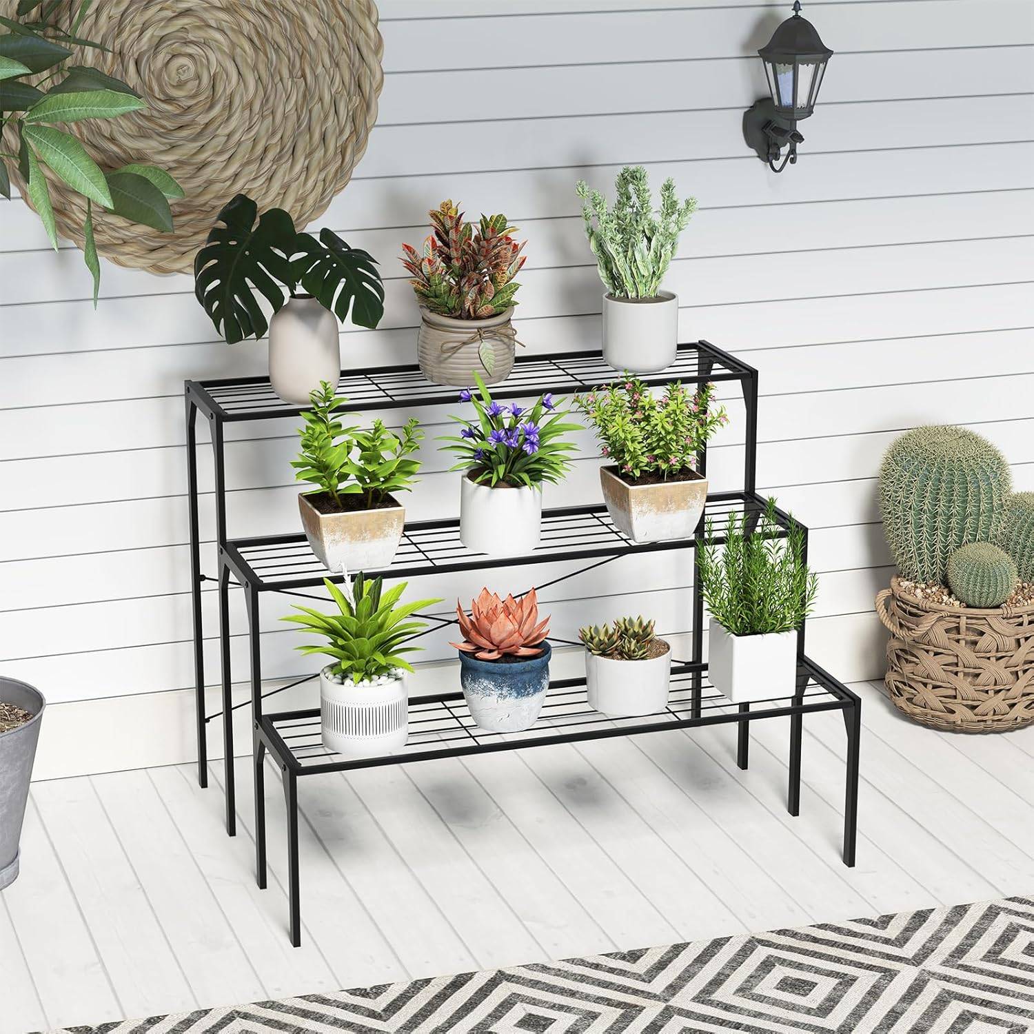 tagre Plantes en Mtal  3 Niveaux, 85 x 65 x 66 CM, Porte Plantes/tagre  chelle  Fleurs - Gamm vert