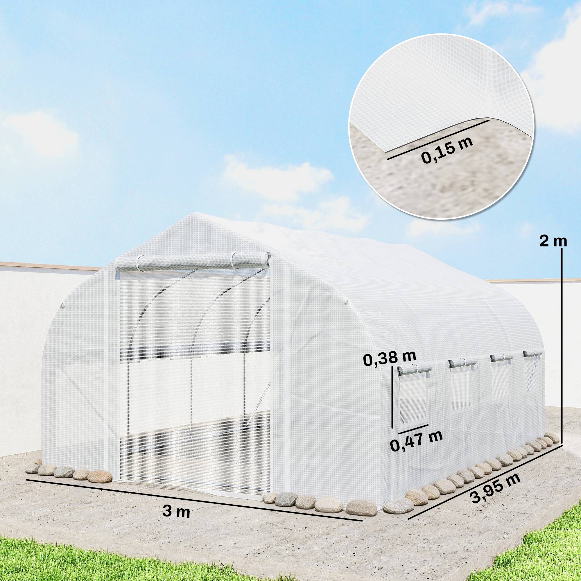 Sans Marque - Serre tunnel de jardin 12 m², serre de jardin tunnel avec porte et 8 fenêtres, bâche PE 140 g/m² 400 x 200 x 200cm blanc - Image 5