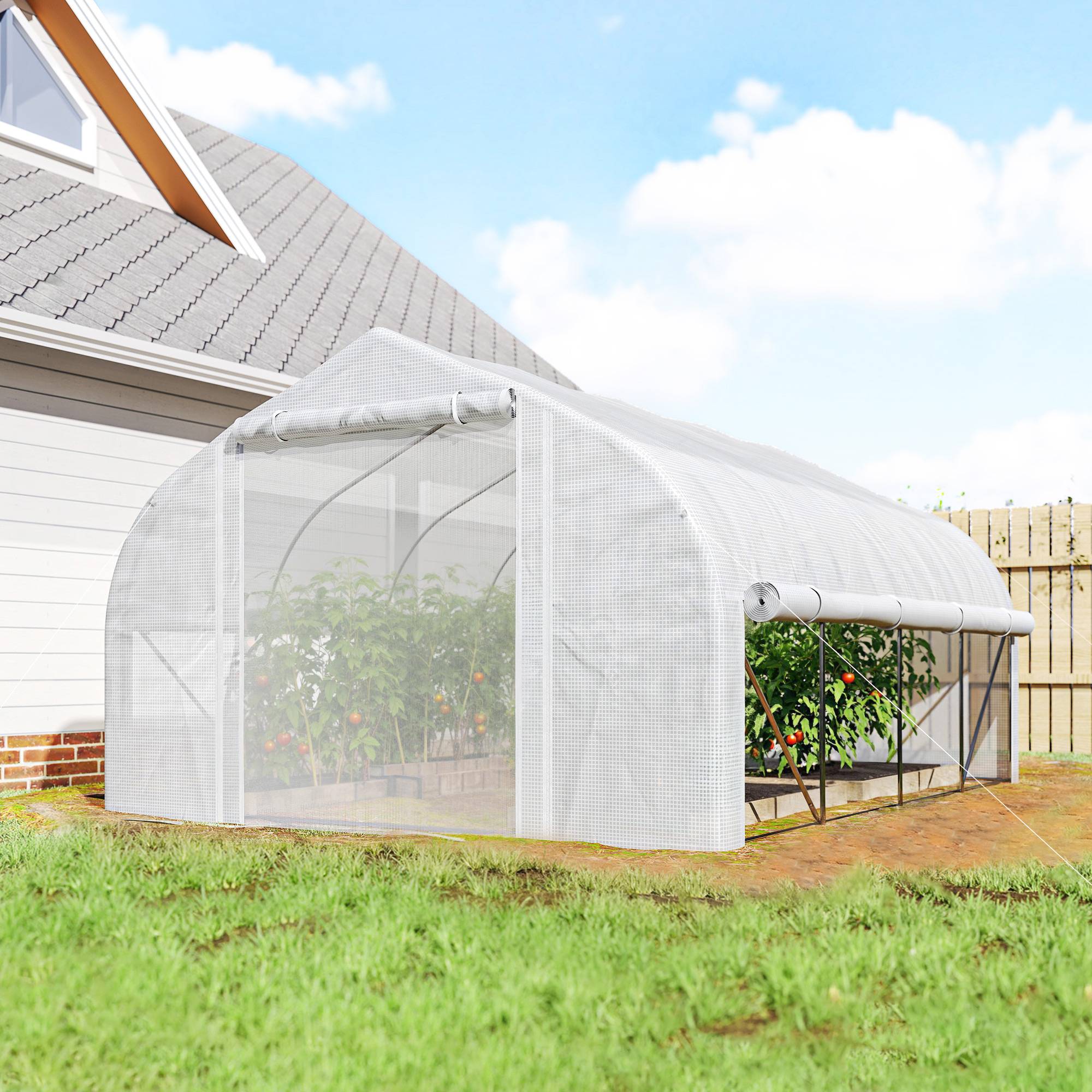 Sans Marque - Serre tunnel de jardin 12 m², serre de jardin tunnel avec porte et 8 fenêtres, bâche PE 140 g/m² 400 x 200 x 200cm blanc - Image 3