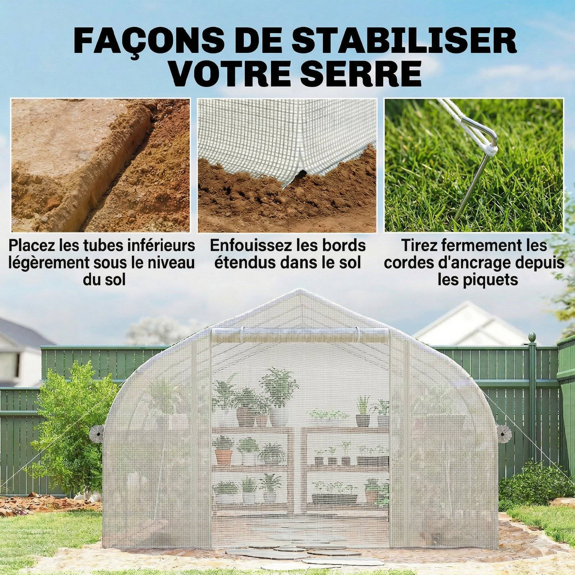 Sans Marque - Serre tunnel de jardin 12 m², serre de jardin tunnel avec porte et 8 fenêtres, bâche PE 140 g/m² 400 x 200 x 200cm blanc - Image 10