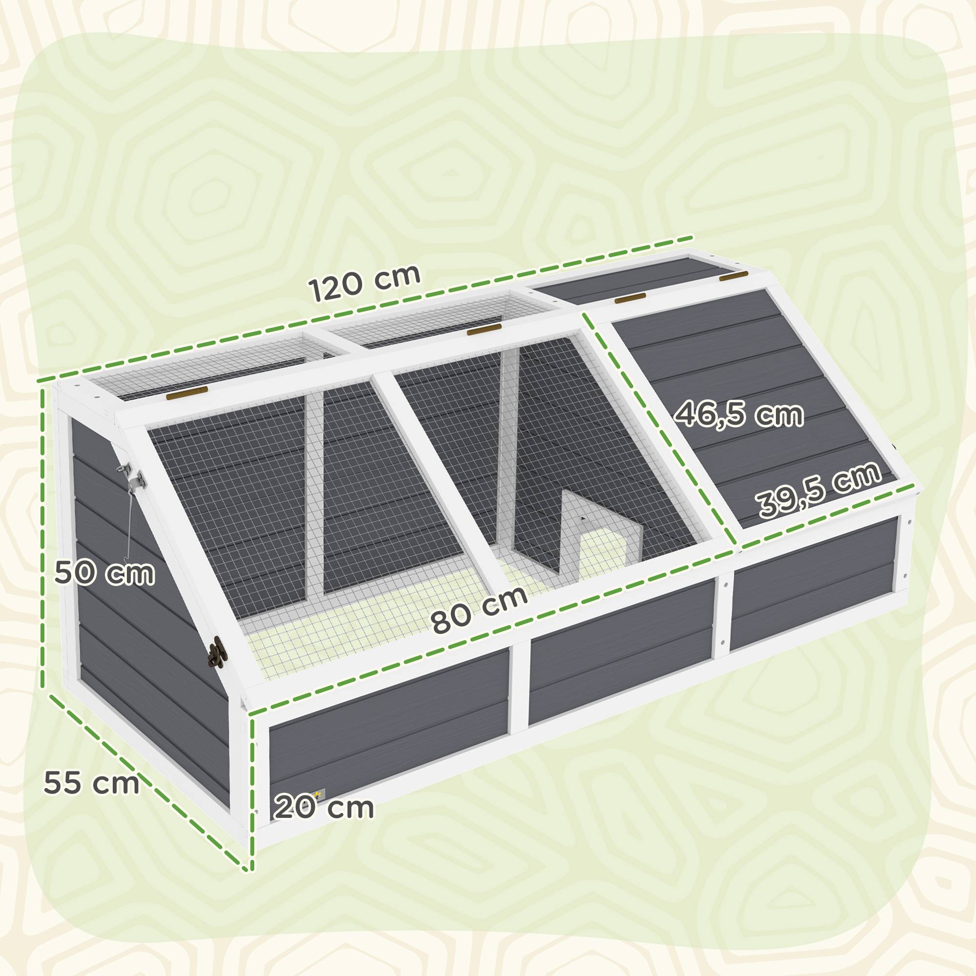 Maison enclos cage pour petit animal tortue en bois avec couvercle ouvrable, loquets, 2 espaces distincts, gris - Image 5