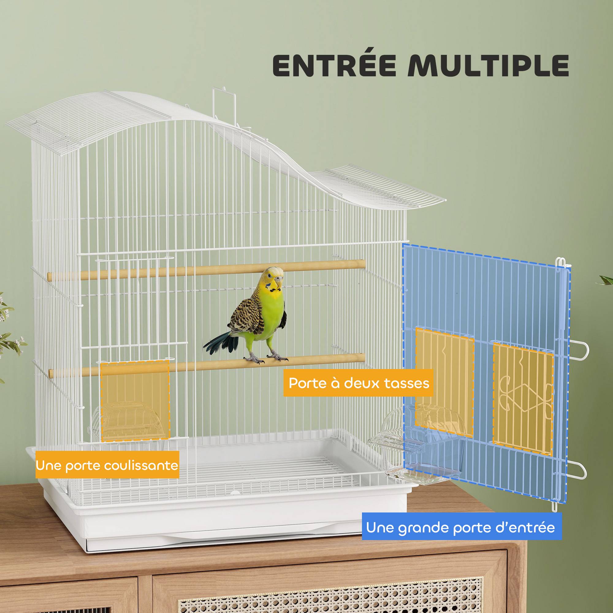 Cage à oiseau volière avec 4 portes, 2 perchoirs, plateau coulissant, pour inséparables perruches 4,7,5x36x54,5cm, blanc - Image 7