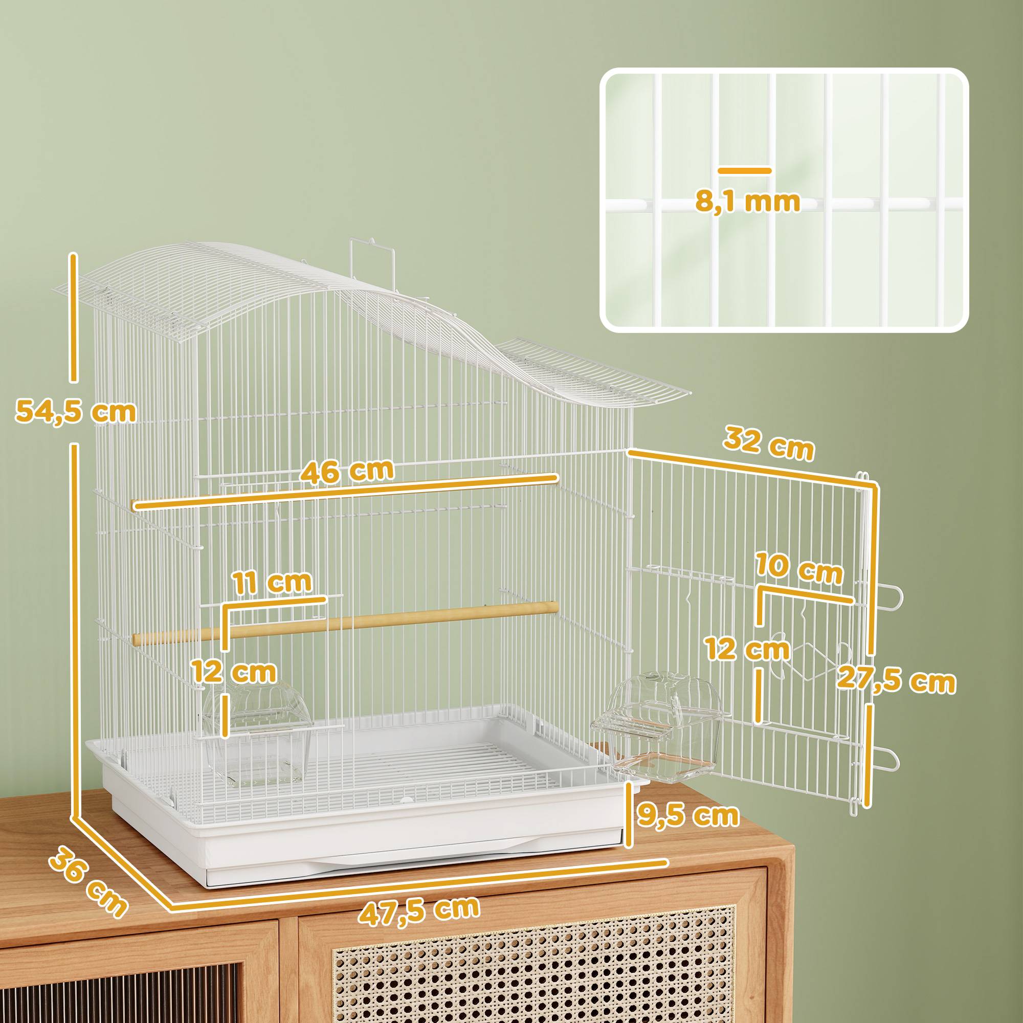 Cage à oiseau volière avec 4 portes, 2 perchoirs, plateau coulissant, pour inséparables perruches 4,7,5x36x54,5cm, blanc - Image 5