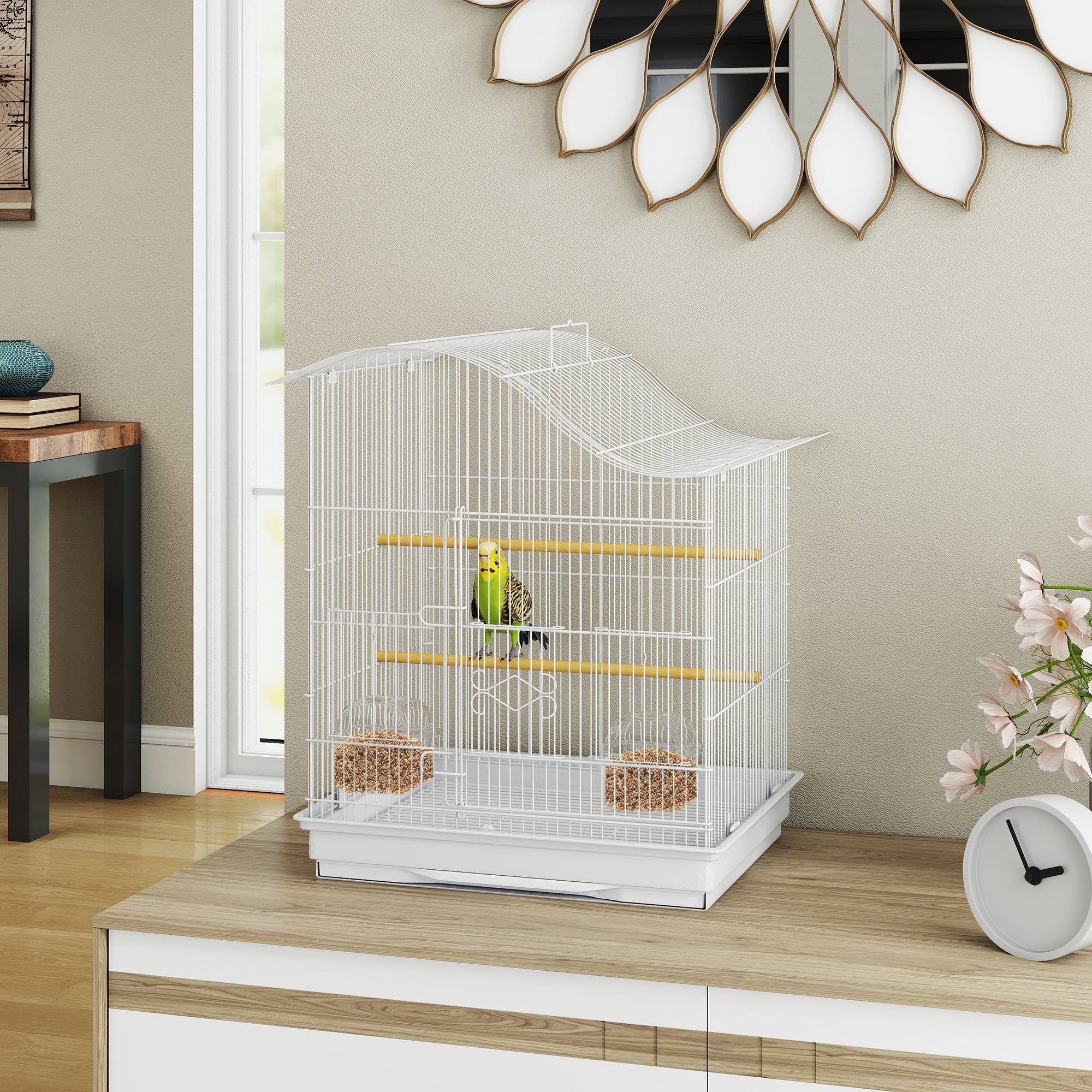 Cage à oiseau volière avec 4 portes, 2 perchoirs, plateau coulissant, pour inséparables perruches 4,7,5x36x54,5cm, blanc - Image 4