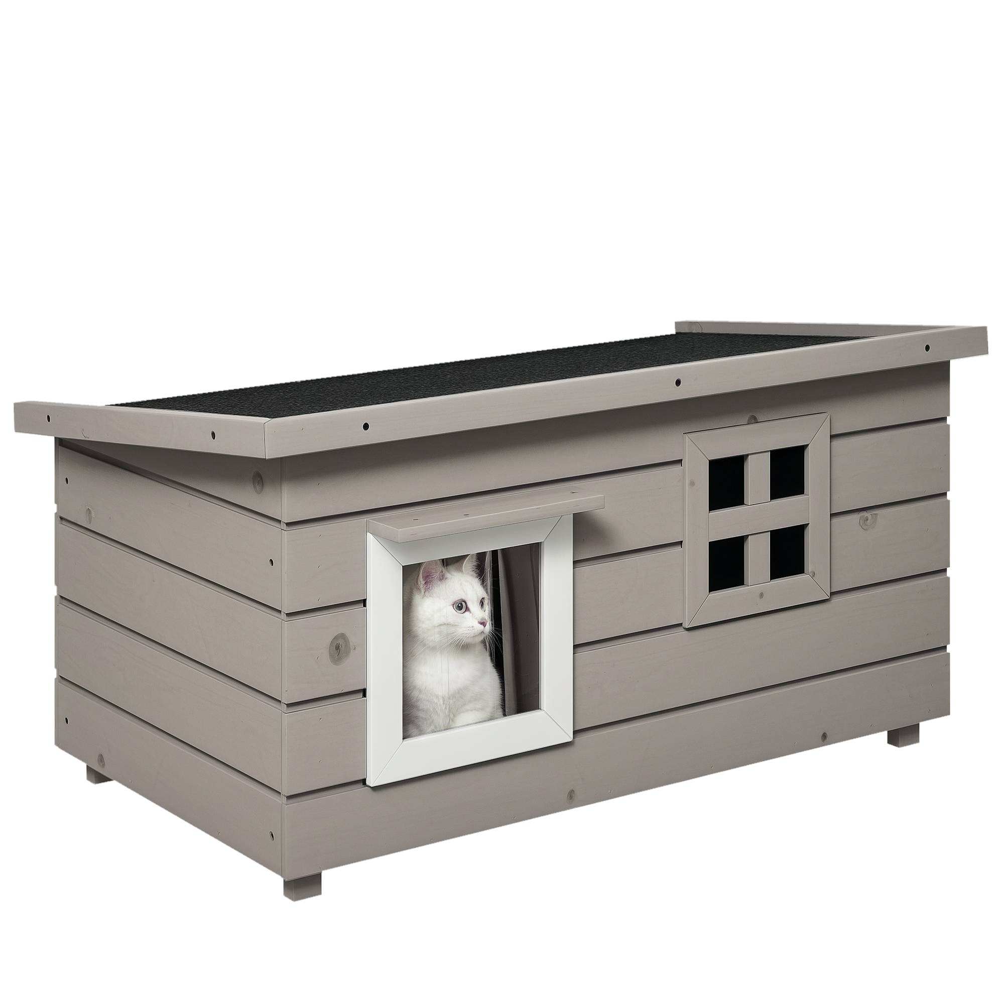 Maison chat bois étanche niche toit asphalte couvercle rabattable fenêtre hiver abri outdoor jardin balcon 87x52x44 cm gris - Image 1