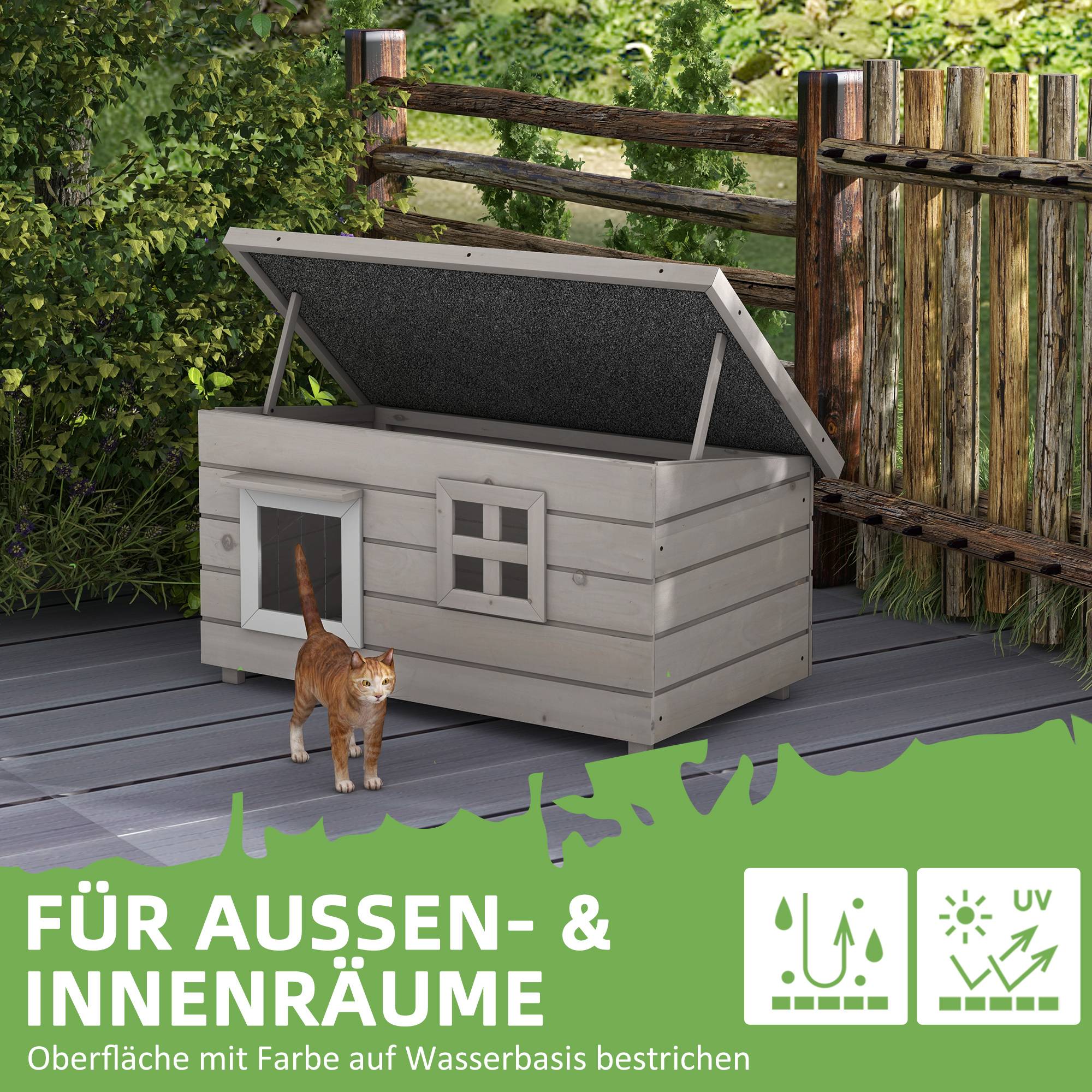 Maison chat bois étanche niche toit asphalte couvercle rabattable fenêtre hiver abri outdoor jardin balcon 87x52x44 cm gris - Image 7