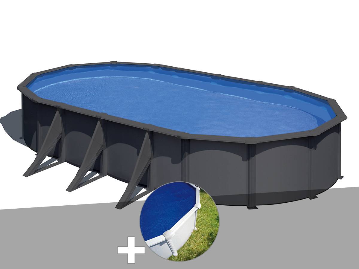 Gré - Kit piscine acier gris anthracite Gré Louko ovale 7,44 x 3,99 x 1,22 m + Bâche à bulles