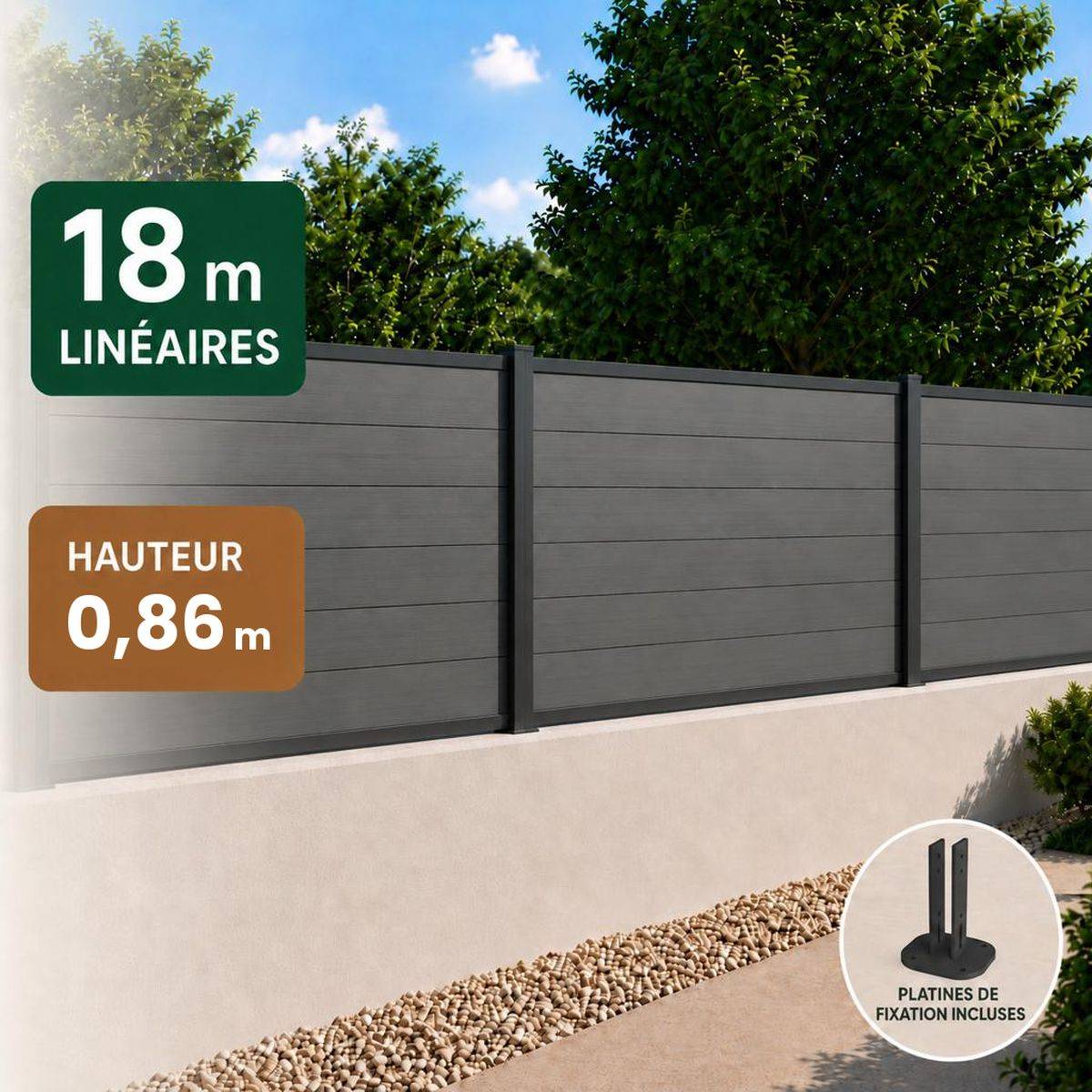 Direct Abris - Kit clôture RECIFE Bois Composite ardoise 18,07m poteau 60x70mm noir sur platines 0,86m