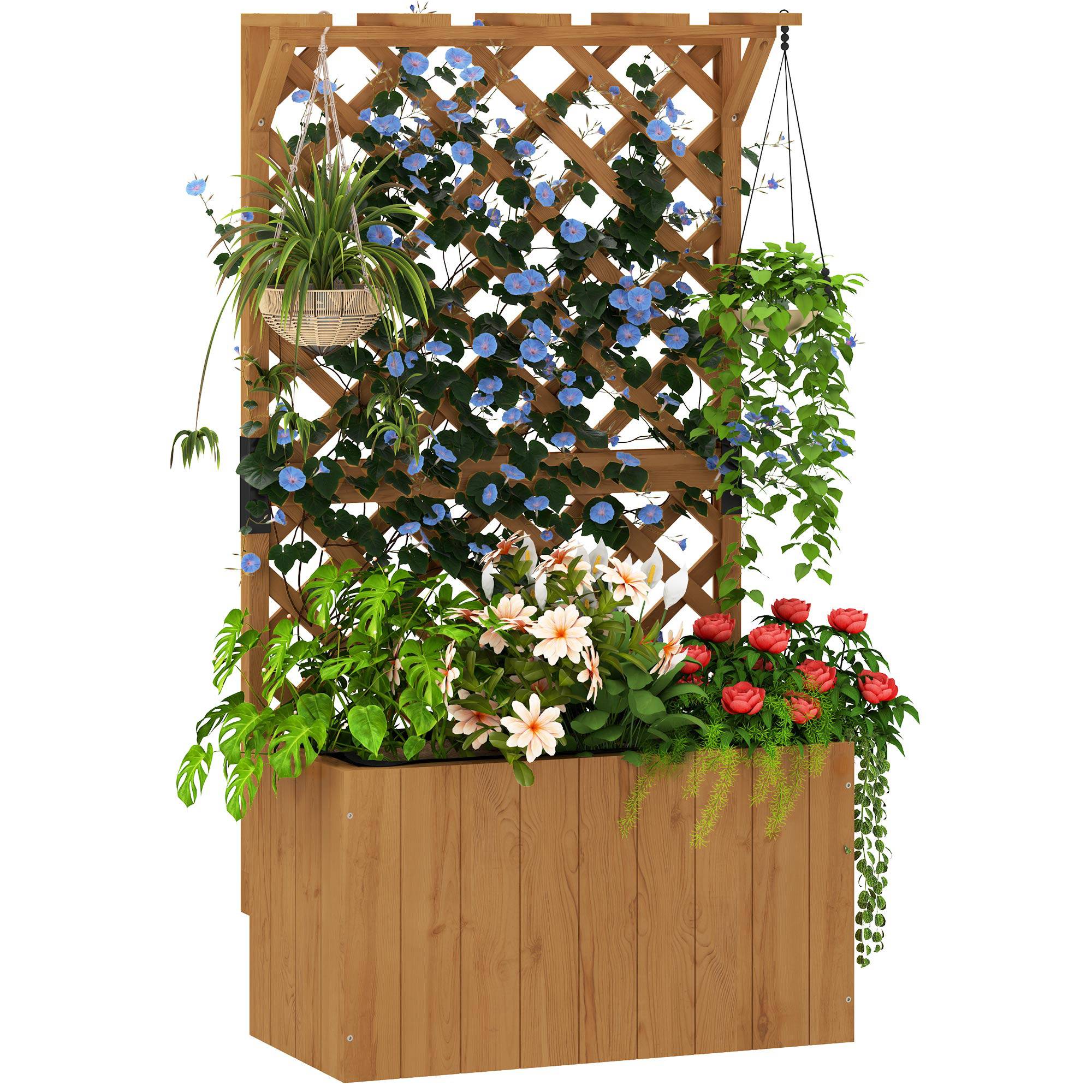 Sans Marque - Jardinière treillis bac fleurs bois massif drainage doublure 64x33x122 cm bois naturel - Image 1