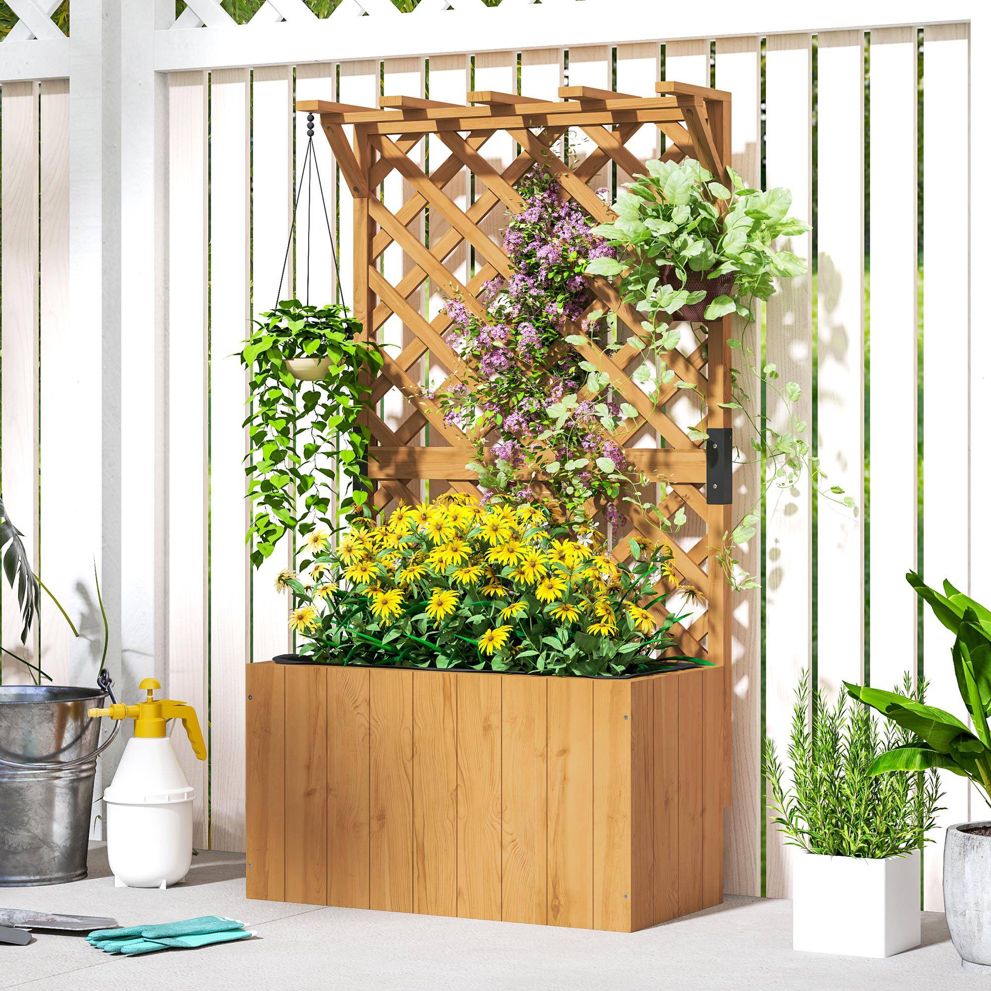 Sans Marque - Jardinière treillis bac fleurs bois massif drainage doublure 64x33x122 cm bois naturel - Image 4