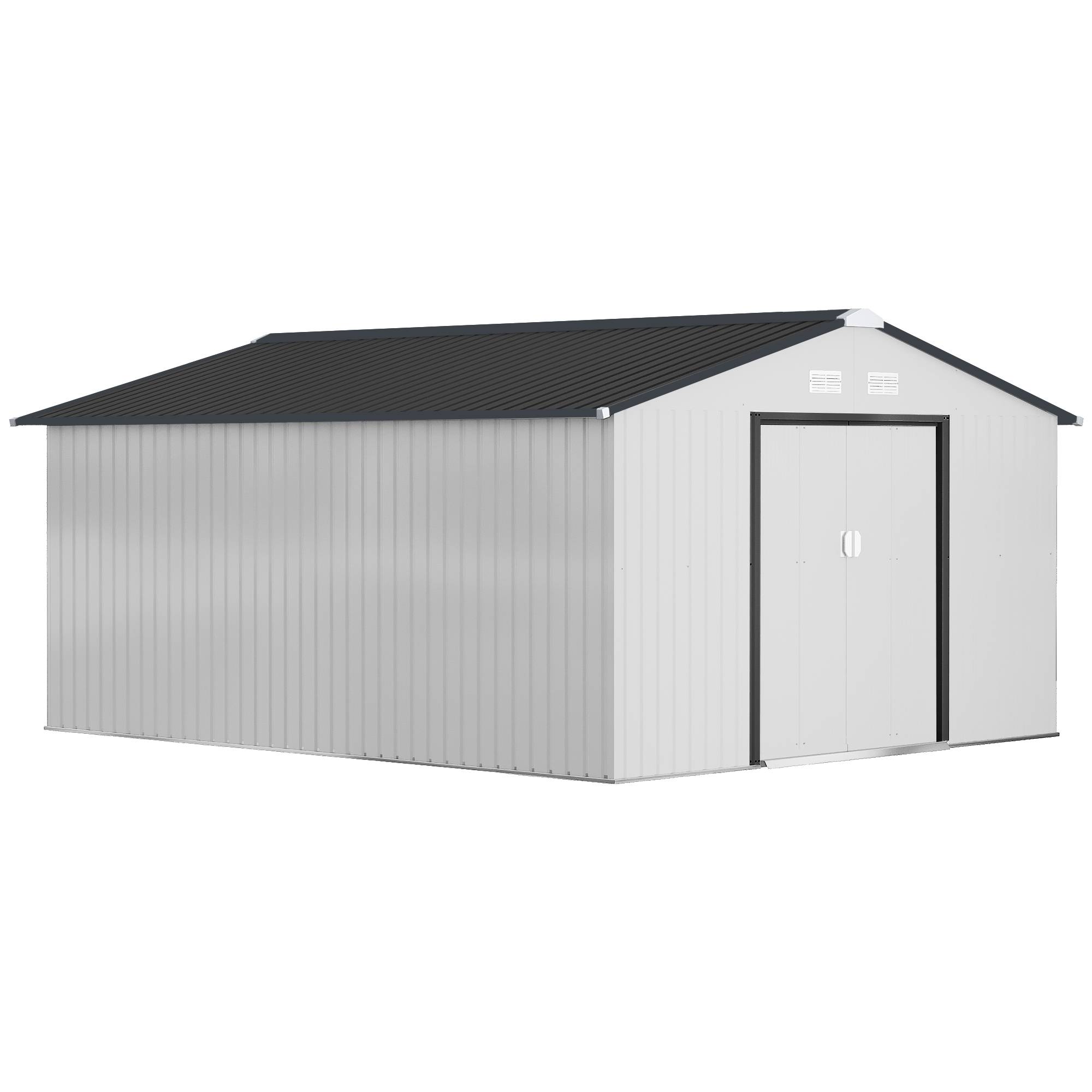 Abri de jardin acier 3,4x3,8x2 m double porte coulissante toit pente rangement extérieur spacieux argent - Image 1