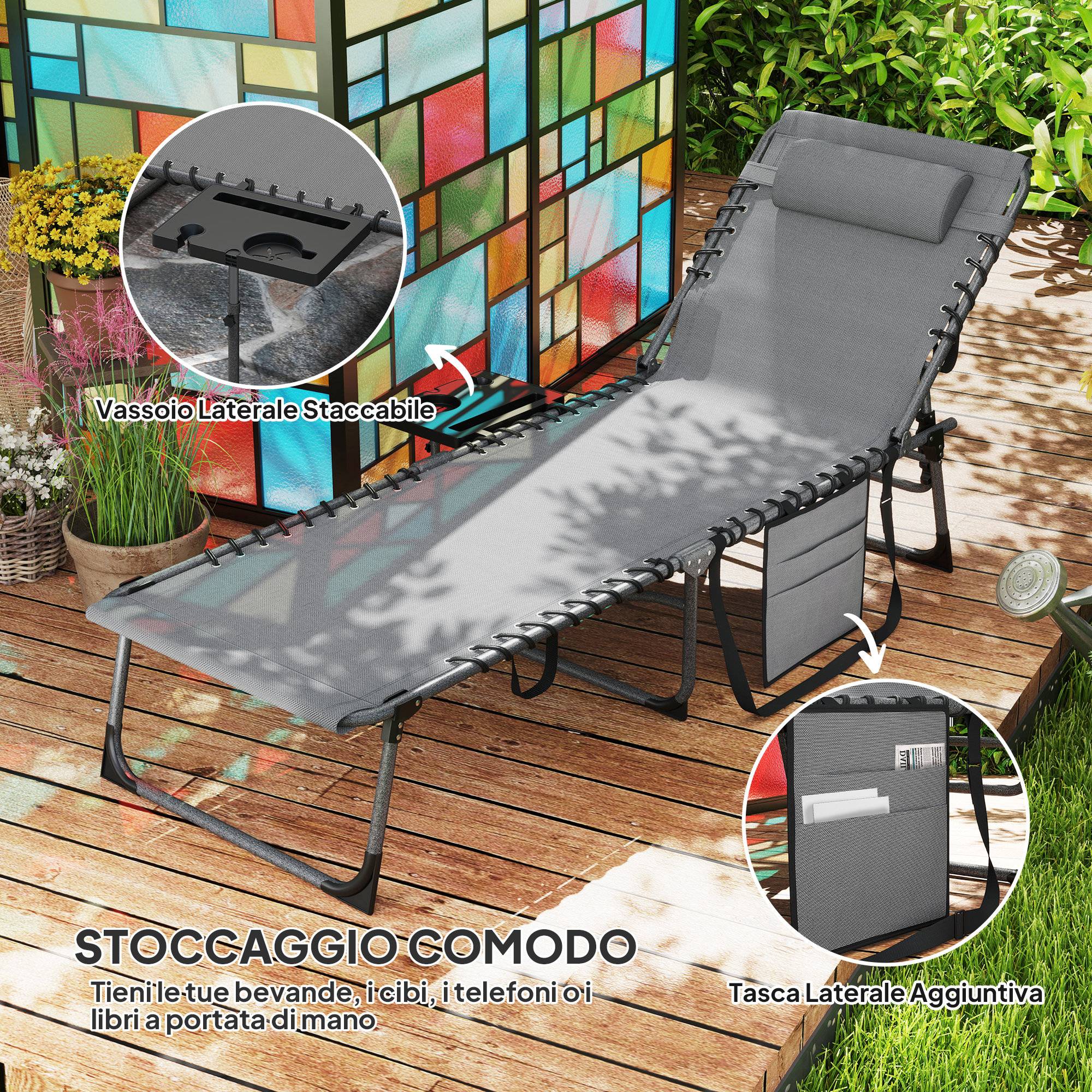 Chaise longue de jardin pliante et inclinable à 5 positions avec table d'appoint et poche, 60 x 190 x 31 cm, gris et noir - Image 8